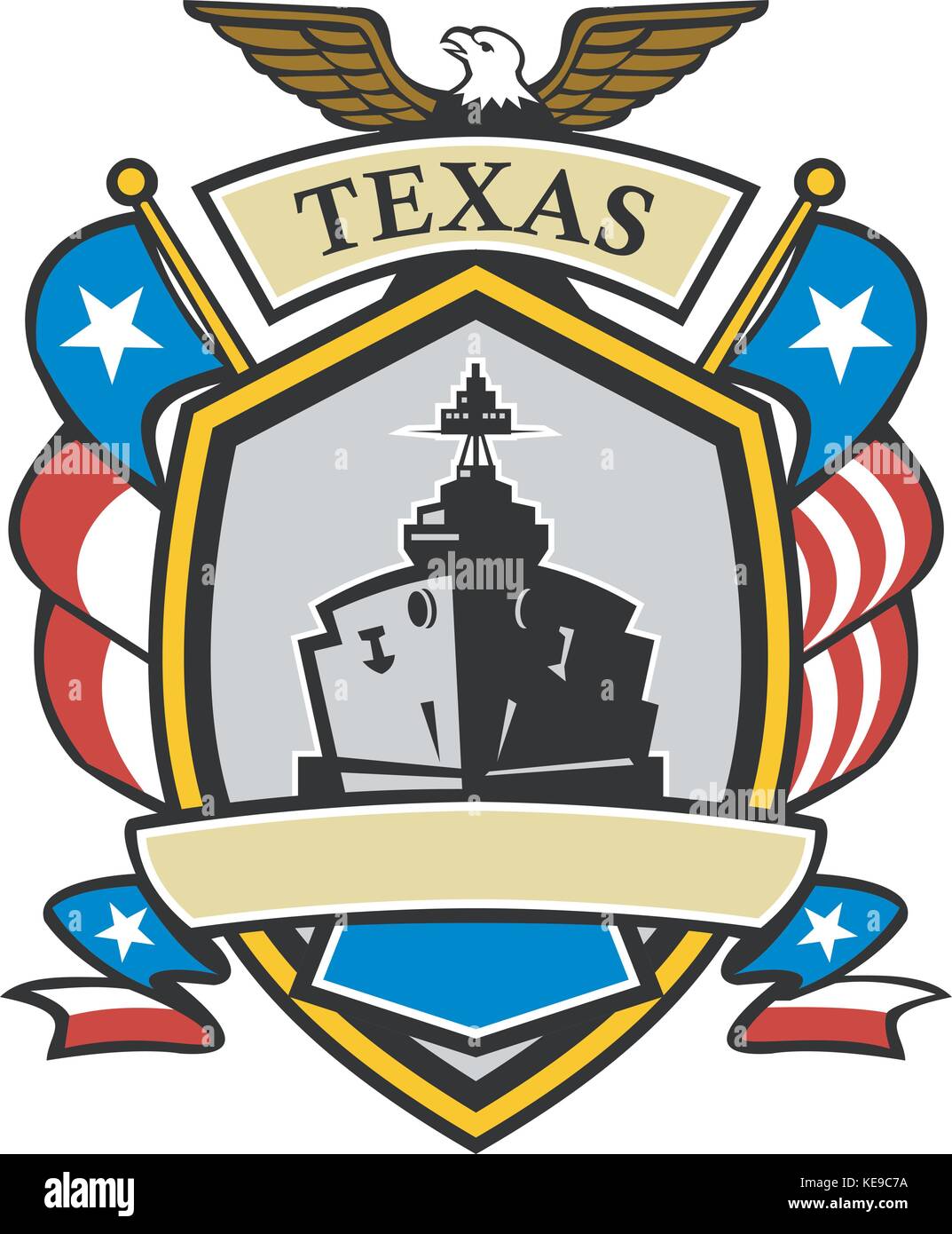 Retro Style Abbildung: ein Emblem oder Wappen zeigt ein Schlachtschiff und American Eagle mit Texas Lone Star Flagge usa Sternenbanner span Stock Vektor