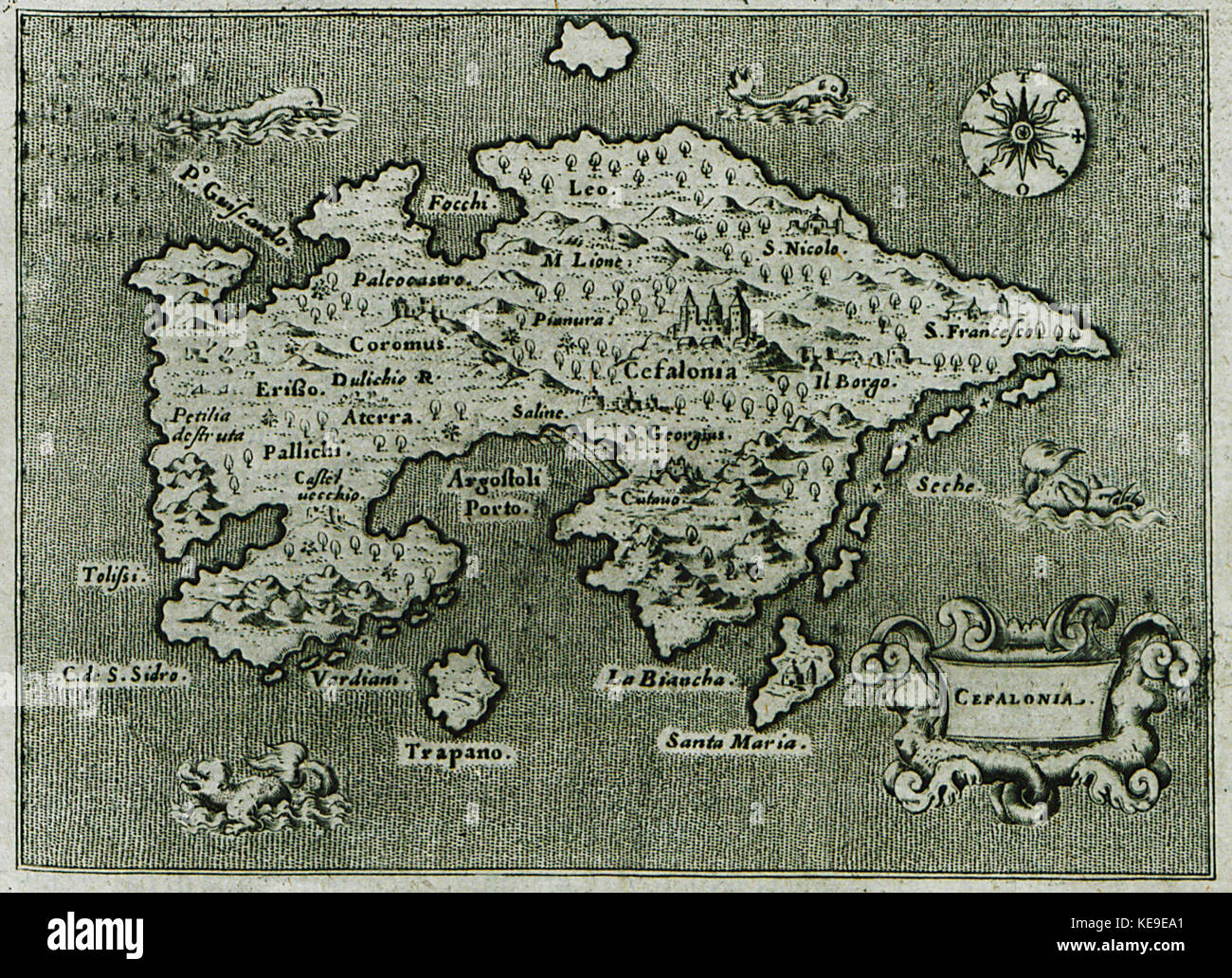 Karte von Cefalonia aus dem Jahr 1620 von Tomaso Porcacchi, Teil einer frühen gedruckten Sammlung von Mittelmeerinselkarten. Stockfoto