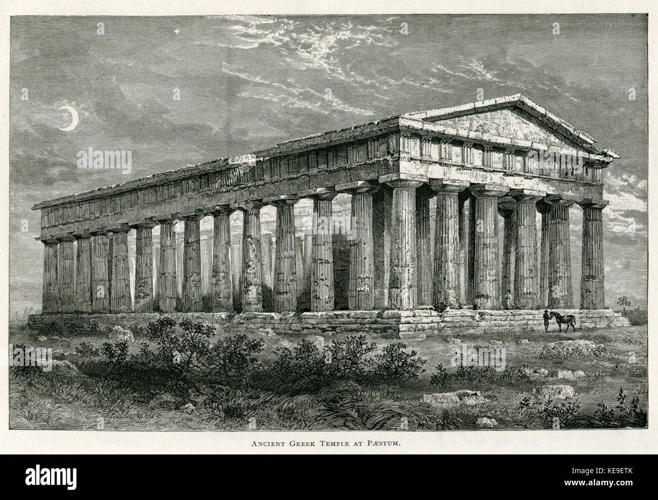 Der antike griechische Tempel in Paestum, Italien, ist ein gut erhaltenes Beispiel dorischer Architektur. Es wurde im 6. Jahrhundert v. Chr. erbaut und ist ein Zeugnis der altgriechischen religiösen und architektonischen Praktiken. Der Text von John Pentland Mahaffy, der 1890 veröffentlicht wurde, befasst sich mit der historischen und architektonischen Bedeutung des Tempels. Stockfoto