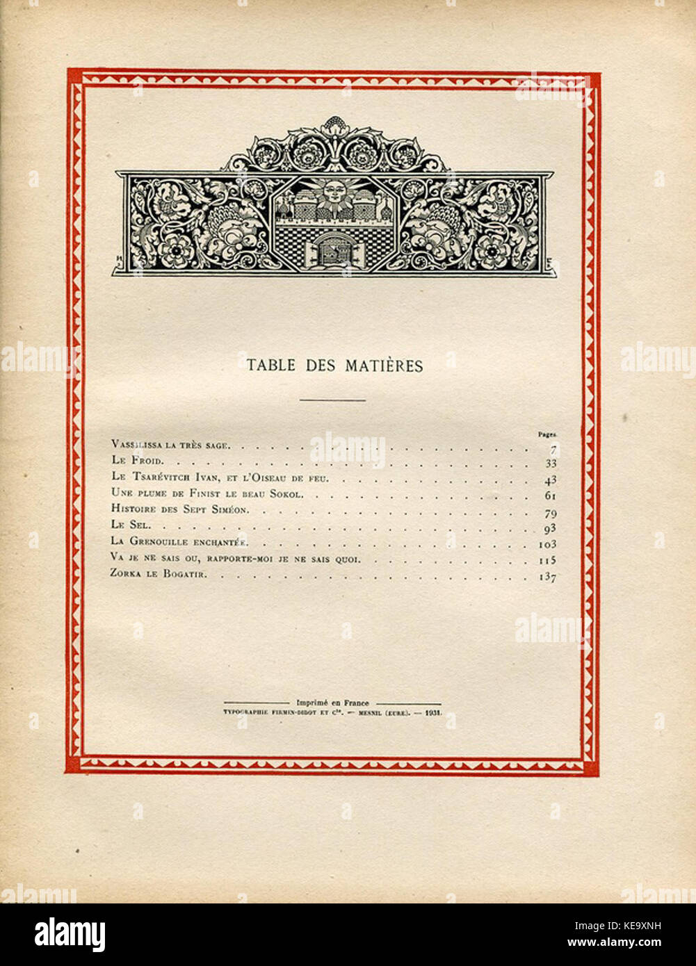 Contes de l’isba (1931) ist eine Sammlung russischer Folktalen, illustriert mit traditioneller Bildsprache. Das „Table des matières“ (Inhaltsverzeichnis) beschreibt die Struktur des Buches und bietet einen Einblick in den thematischen Inhalt und die erzählerische Organisation. Stockfoto