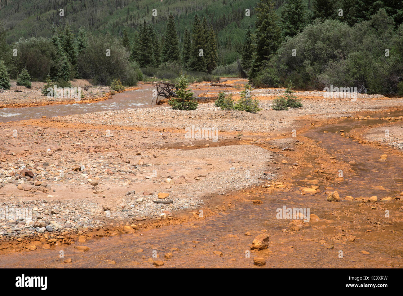 Wasserverschmutzung, Abfluß von der Red Mountain Mine, Ouray County, Colorado, USA Stockfoto