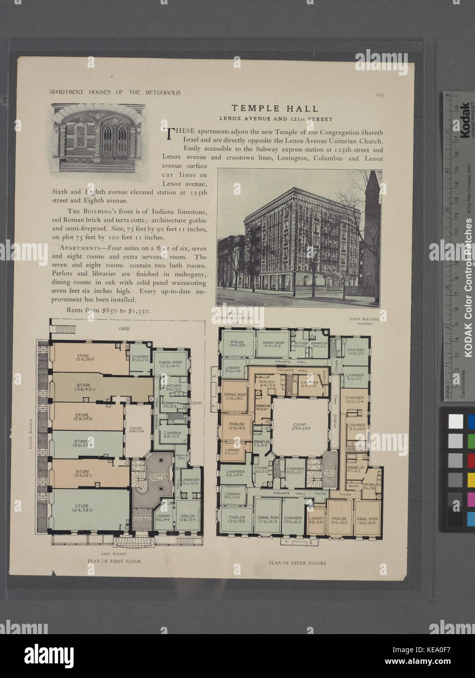 Temple Hall, Lenox Avenue und der 121. Straße; Plan der ersten Etage; Plan der oberen Etagen (Nypl b 12647274 465539) Stockfoto