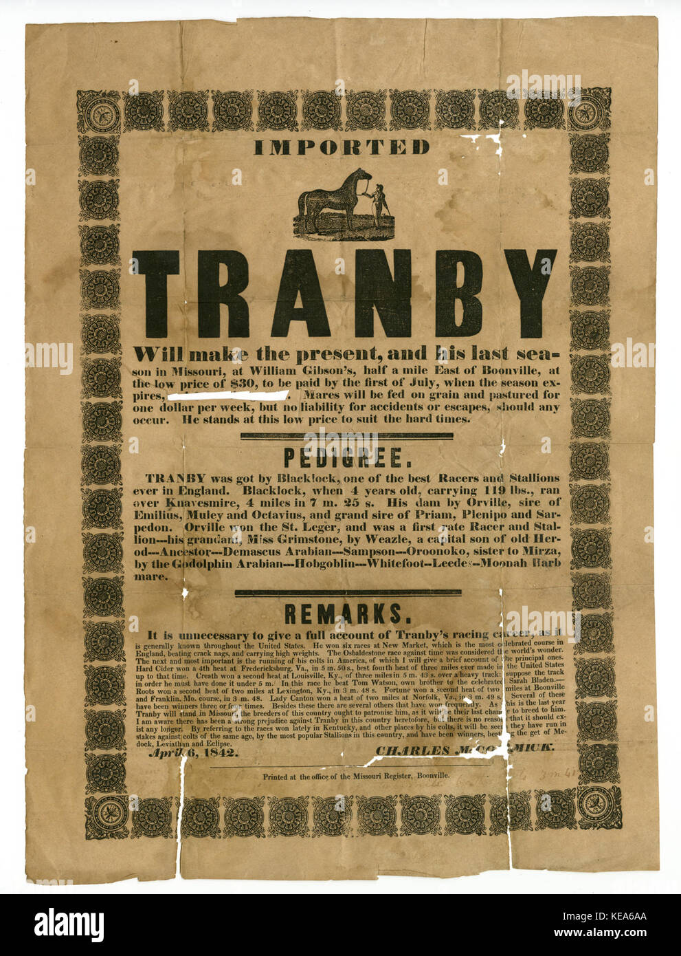 Stud horse Plakatwerbung Tranby, mit Schnitt von Pferd und Reiter, 6. April 1842 Stockfoto