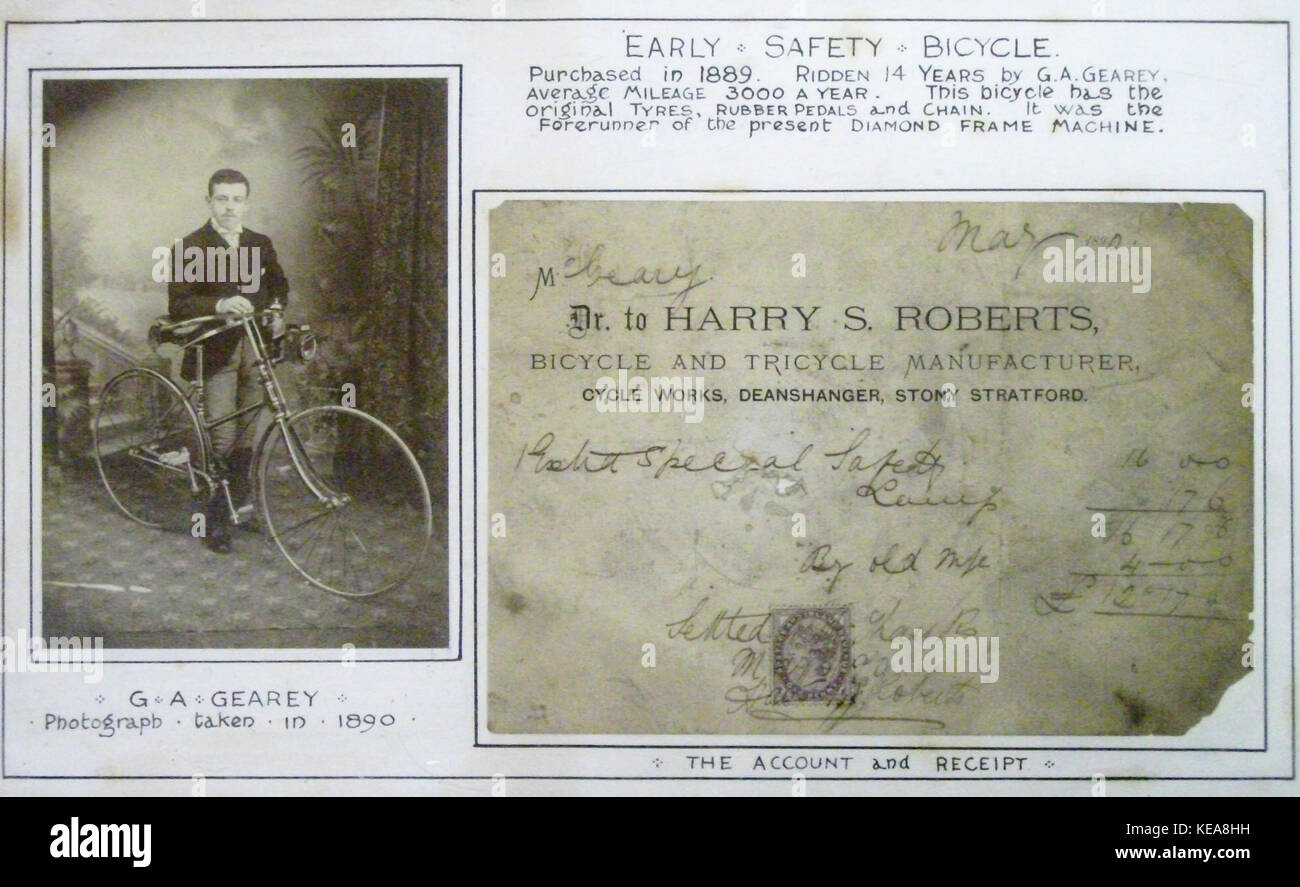 „Geary BicycleDocs“ ist eine Sammlung von Dokumenten zu Geary Bicycles, einer bekannten Marke im Radsport des frühen 20. Jahrhunderts, die die Beiträge des Unternehmens zum Fahrraddesign und zur Fahrradindustrie festlegt. Stockfoto