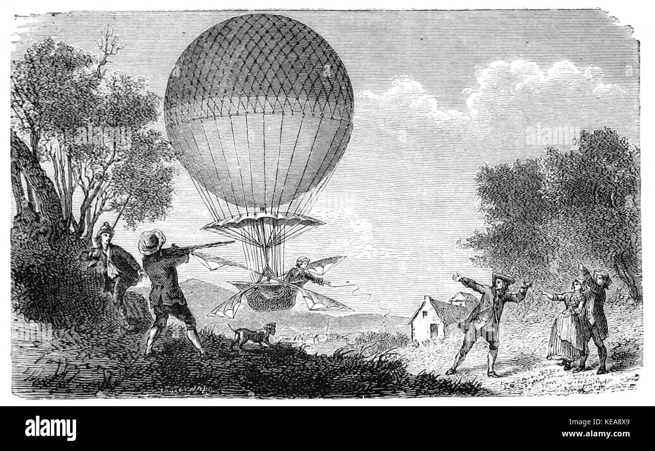Wundervolle Ballonaufstiegen, 1870 Blanchard's Abstieg Stockfoto