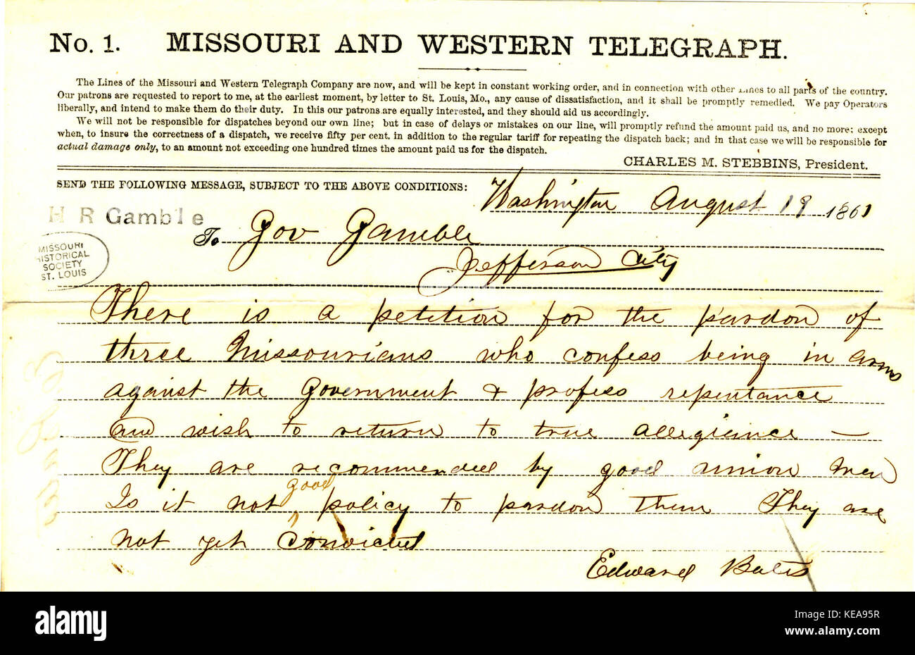Telegramm von Edward Bates, Washington, zu reg. Gamble (Hamilton R. Spielen), Jefferson City, 19. August 1861 Stockfoto