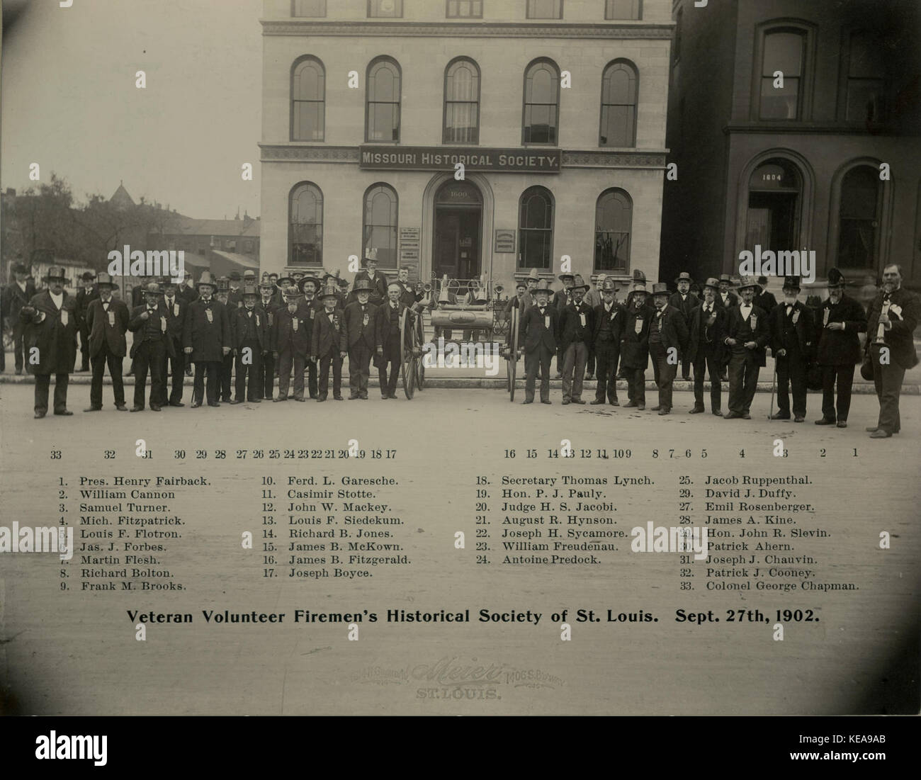 Veteran freiwilligen Feuerwehrmänner der Historischen Gesellschaft von St. Louis, Missouri Historical Society, 1600 Heuschrecke. 27. September 1902 Stockfoto