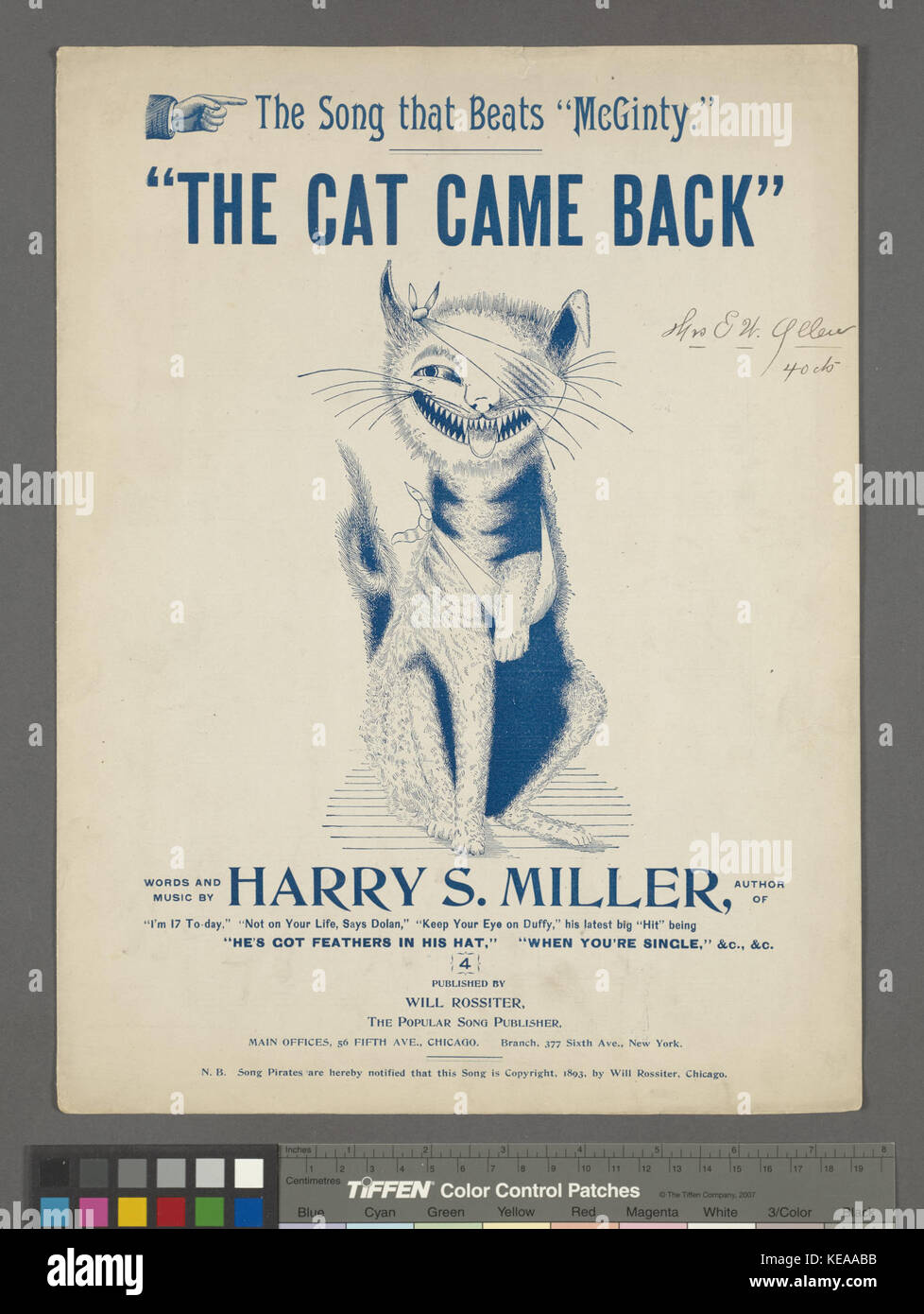 Ein historisches Bild aus der NYPL Hades-Sammlung mit dem Titel „The Cat Came Back“, das möglicherweise eine Szene darstellt, die vom berühmten Lied inspiriert wurde. Stockfoto