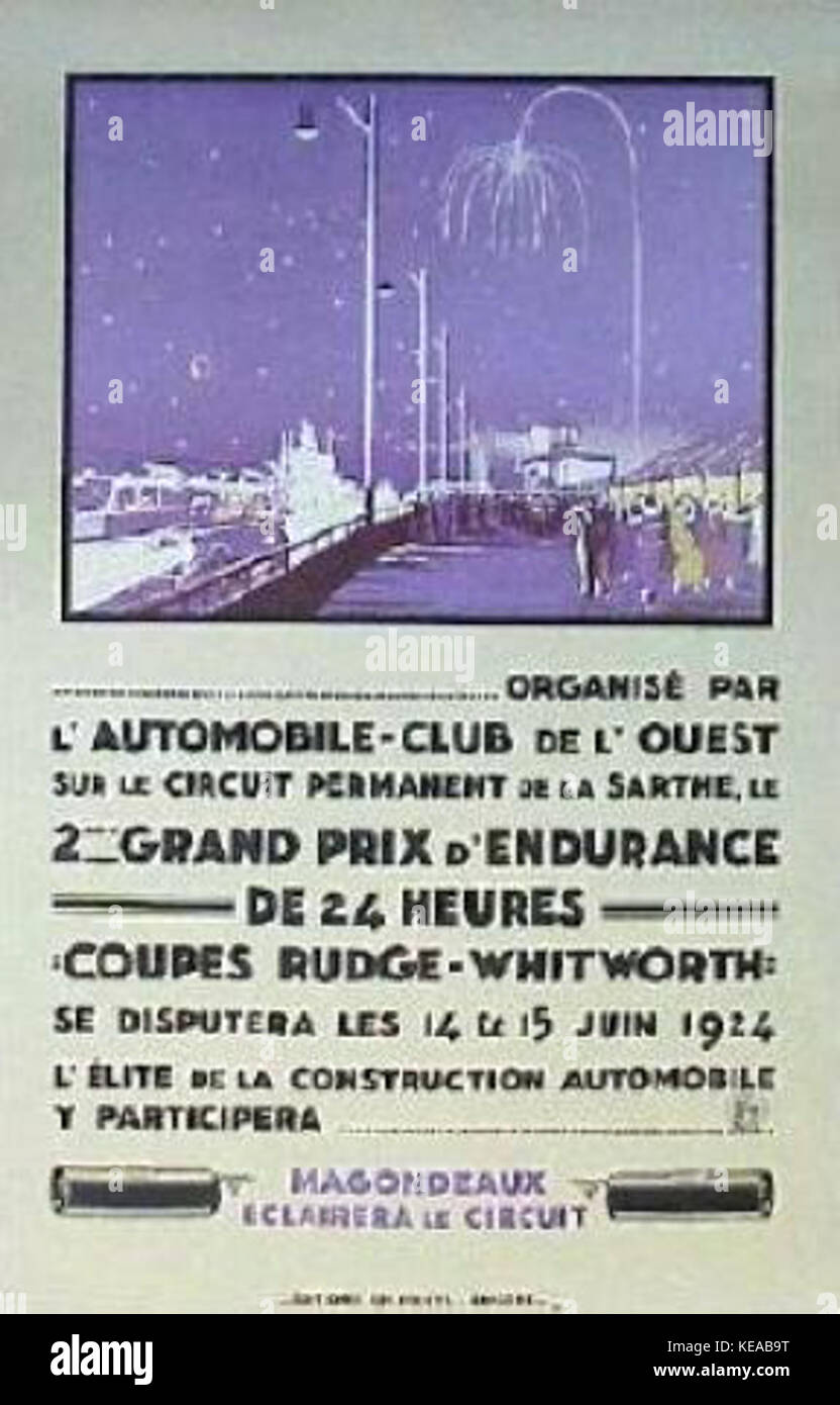 Ein Vintage-Poster für das 24-Stunden-Rennen von Le Mans 1924, auf dem das legendäre Branding und die frühe Geschichte des Motorsports präsentiert werden. Stockfoto