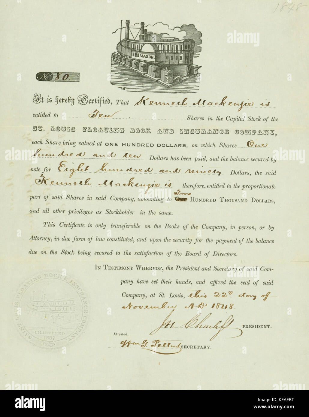 Lieferbar Zertifikat in der St. Louis Schwimmdocks und Versicherung zu Kenneth Mackenzie, unterschrieben von Joseph Charless und von William G. Pettus, 22. November 1848 Zeuge ausgestellt Stockfoto