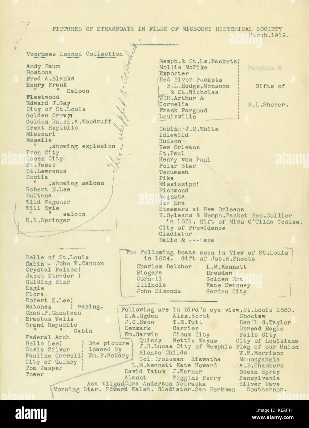 Typoskript Liste der Abbildungen der Dampfschiffe in den Dateien des Missouri Historical Society, März 1919 Stockfoto