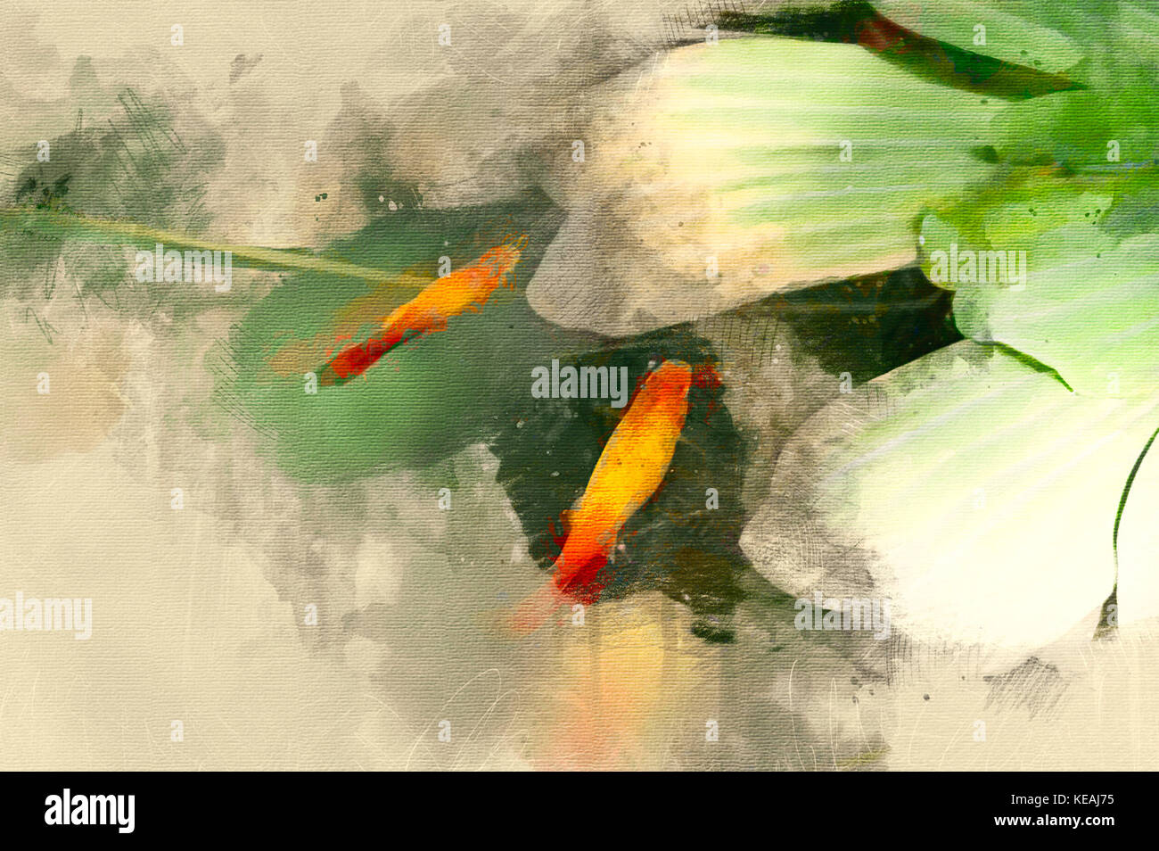 Goldfische Schwimmen in der Nähe von Seerosen. Digitale Malerei von Goldfischen. Aquarell Abbildung: Goldfisch. Stockfoto