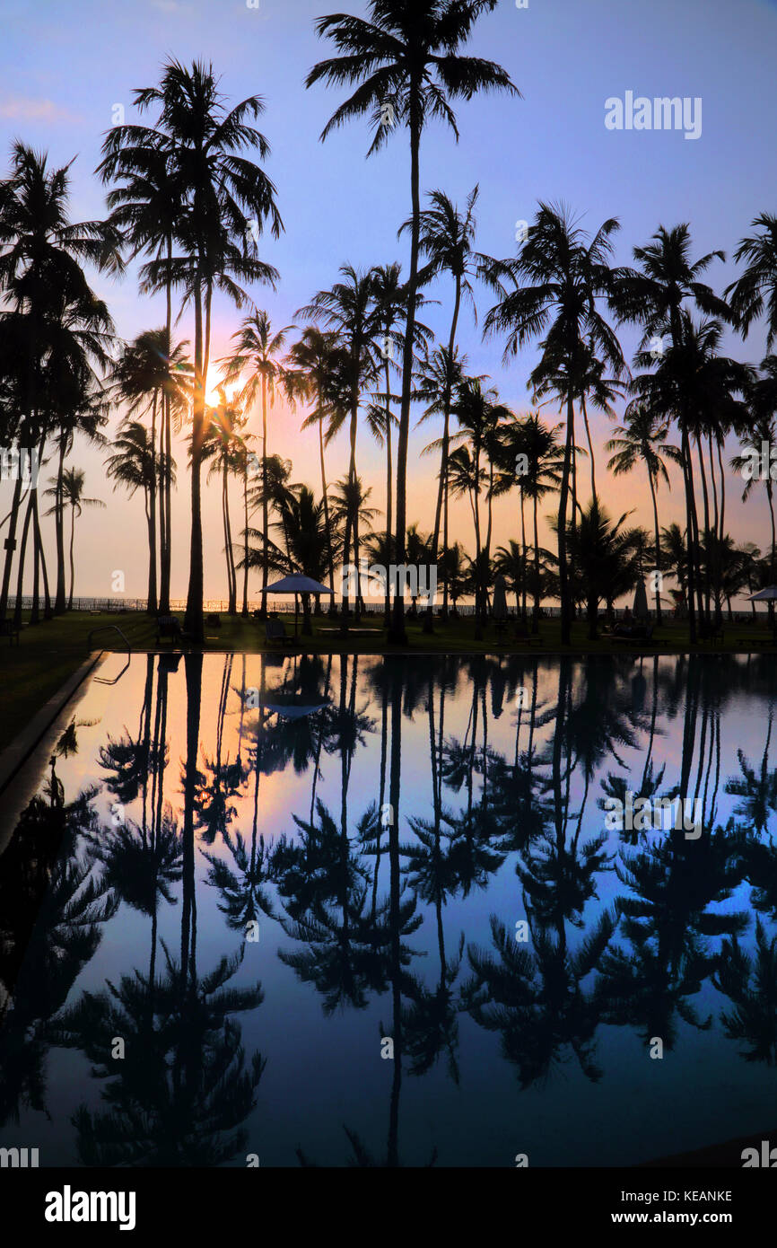 Wadduwa westliche Provinz Sri Lanka Blue Water Hotel Palmen Reflexionen im Pool Stockfoto