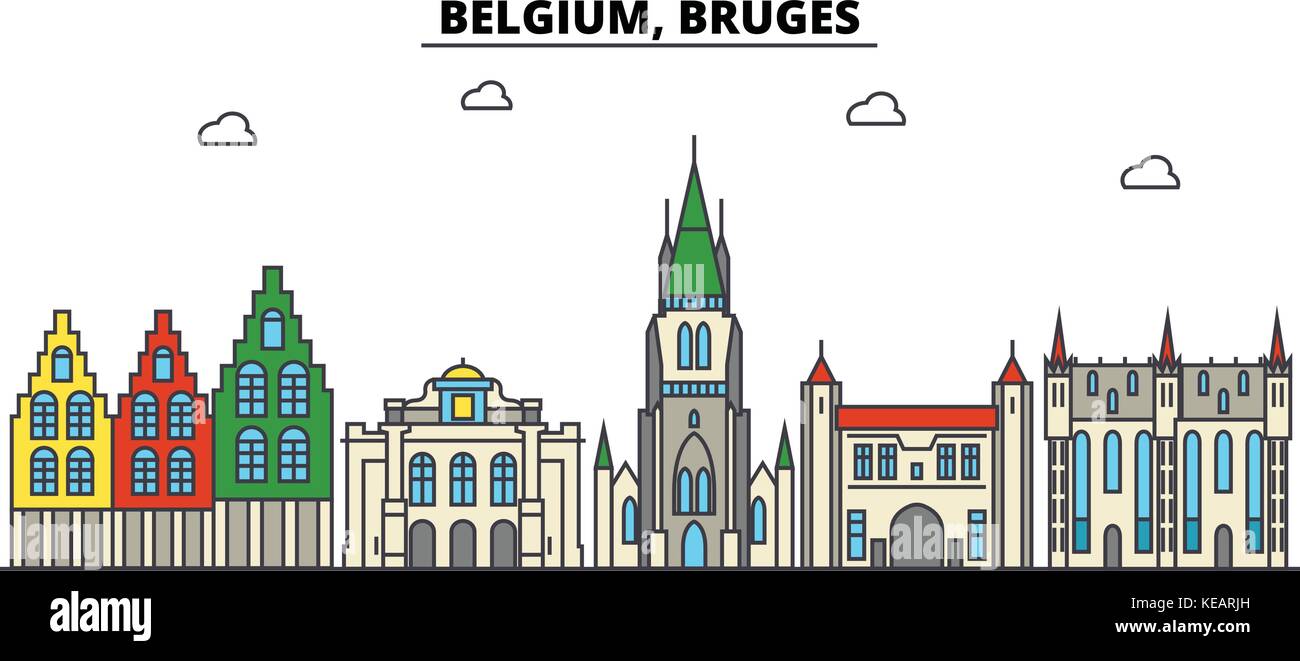 Belgien, Brügge. Skyline der Stadt Architektur, Gebäude, Straßen, Silhouette, Landschaft, Panorama, Wahrzeichen. bearbeitbaren Anschläge. Flaches Design line Vector Illustration Konzept. isolierte Symbole gesetzt Stock Vektor