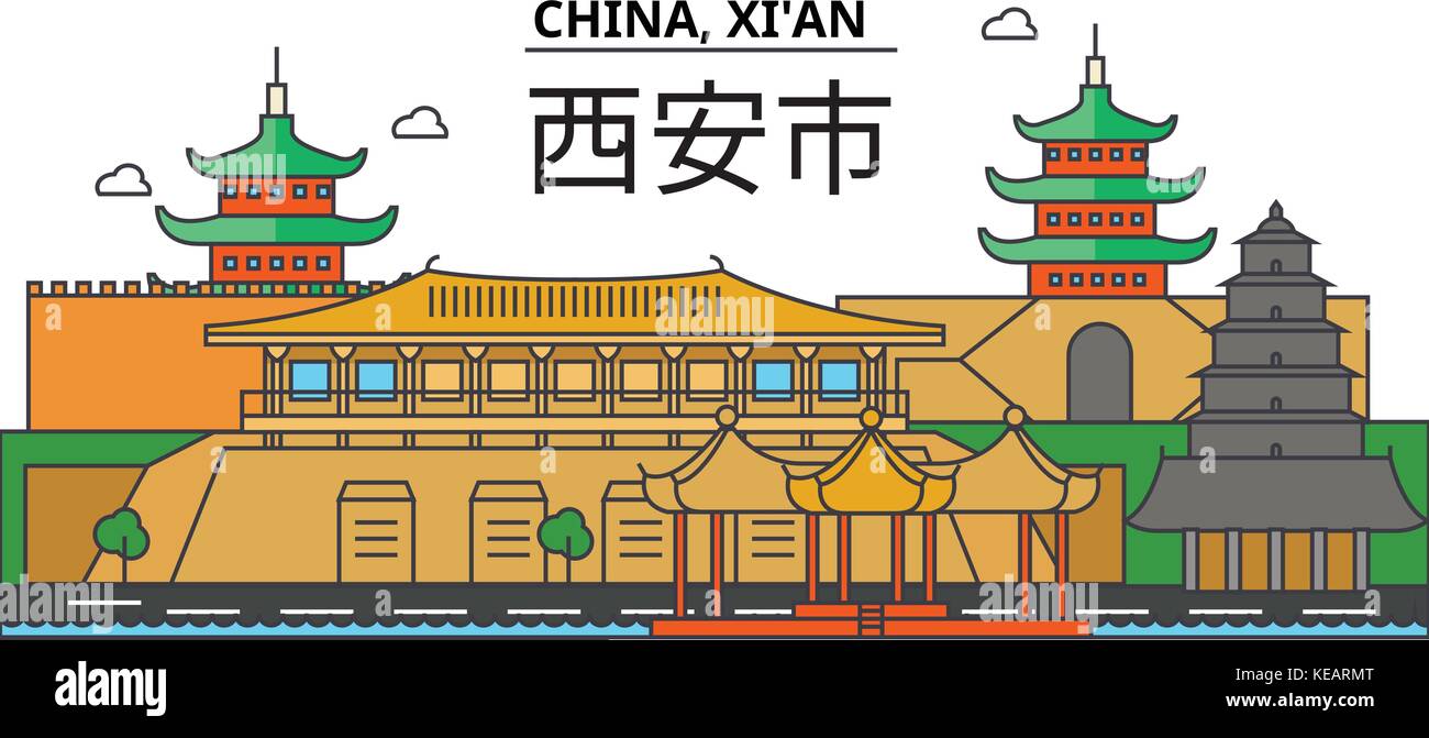 China, Xi an. City Skyline Architektur, Gebäude, Straßen, Silhouette, Landschaft, Panorama, Wahrzeichen. bearbeitbaren Anschläge. Flaches Design line Vector Illustration Konzept. isolierte Symbole gesetzt Stock Vektor