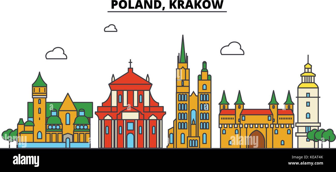 Polen, Krakau. Skyline der Stadt Architektur, Gebäude, Straßen, Silhouette, Landschaft, Panorama, Wahrzeichen. bearbeitbaren Anschläge. Flaches Design line Vector Illustration Konzept. isolierte Symbole gesetzt Stock Vektor