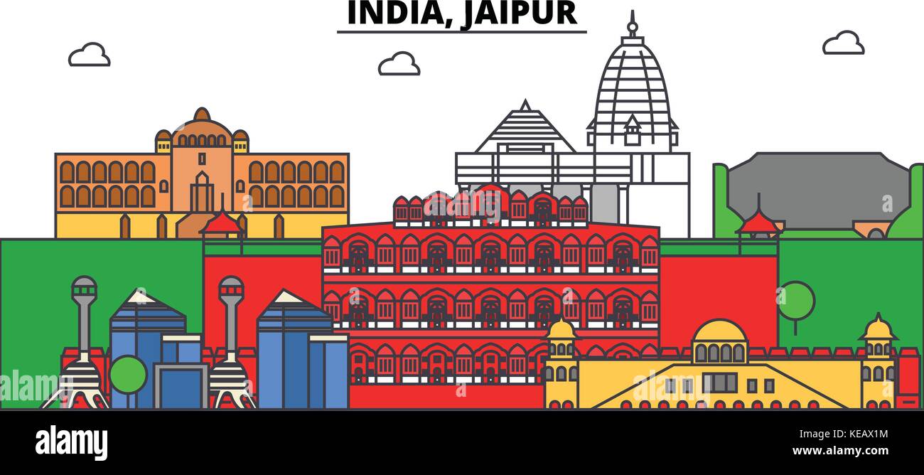 Indien, Jaipur, Hinduismus. Skyline der Stadt, Architektur, Gebäude, Straßen, Silhouette, Landschaft, Panorama, Wahrzeichen. bearbeitbaren Anschläge. Flaches Design line Vector Illustration Konzept. isolierte Symbole gesetzt Stock Vektor