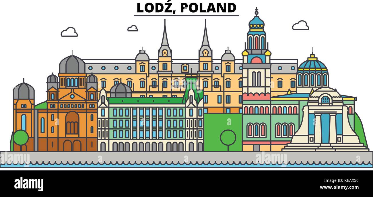 Polen, Lodz. Skyline der Stadt, Architektur, Gebäude, Straßen, Silhouette, Landschaft, Panorama, Wahrzeichen. bearbeitbaren Anschläge. Flaches Design line Vector Illustration Konzept. isolierte Symbole gesetzt Stock Vektor