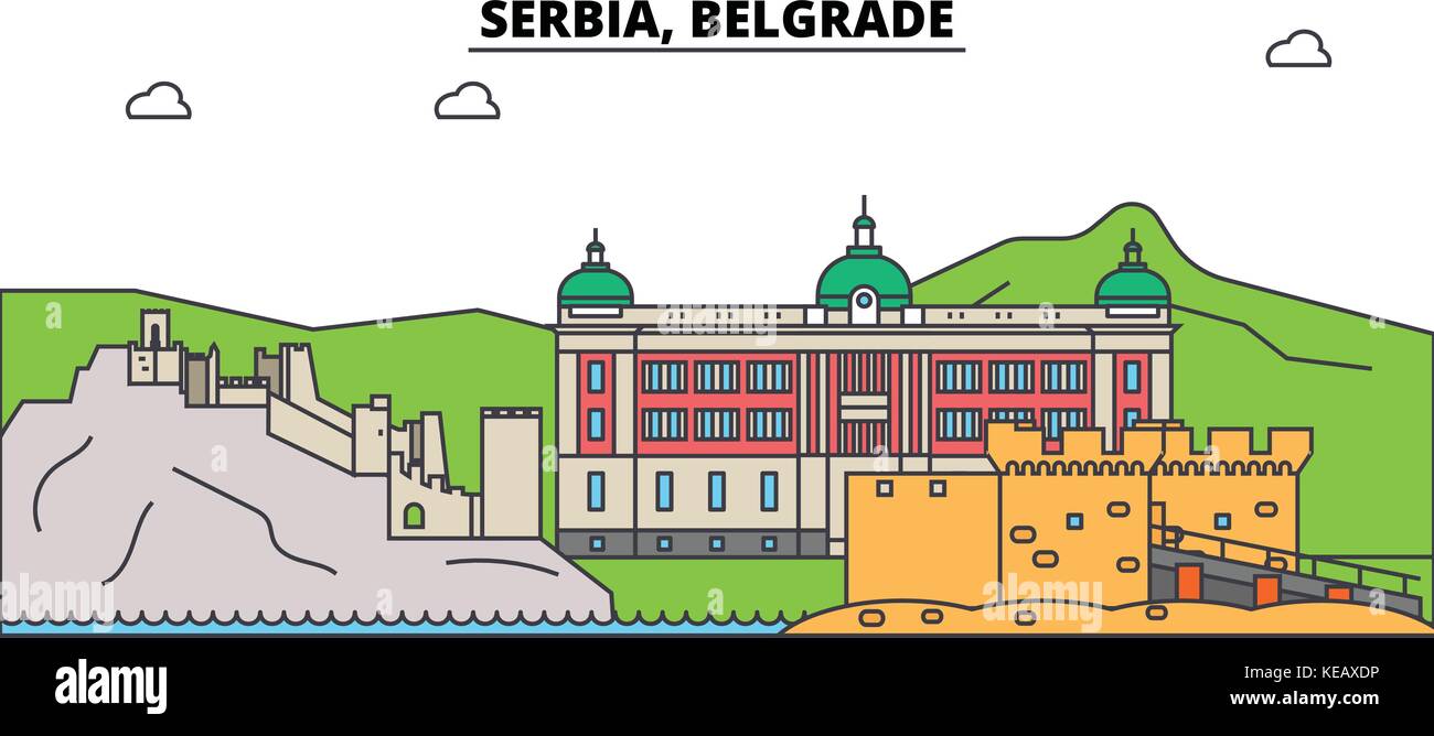 Serbien, Belgrad. Skyline der Stadt, Architektur, Gebäude, Straßen, Silhouette, Landschaft, Panorama, Wahrzeichen. bearbeitbaren Anschläge. Flaches Design line Vector Illustration Konzept. isolierte Symbole gesetzt Stock Vektor