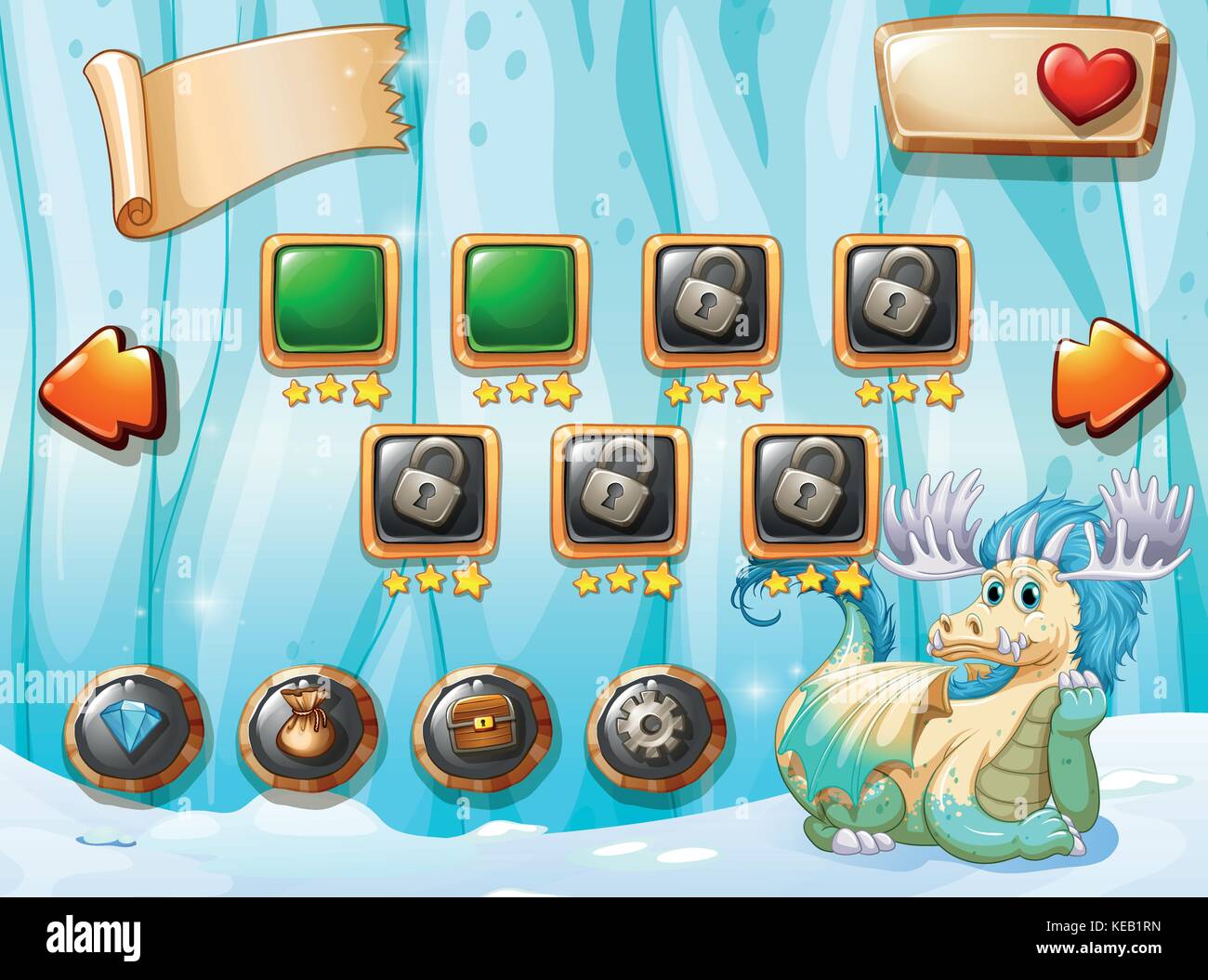 Spiel Template mit Drachen und Schnee Hintergrund Stock Vektor