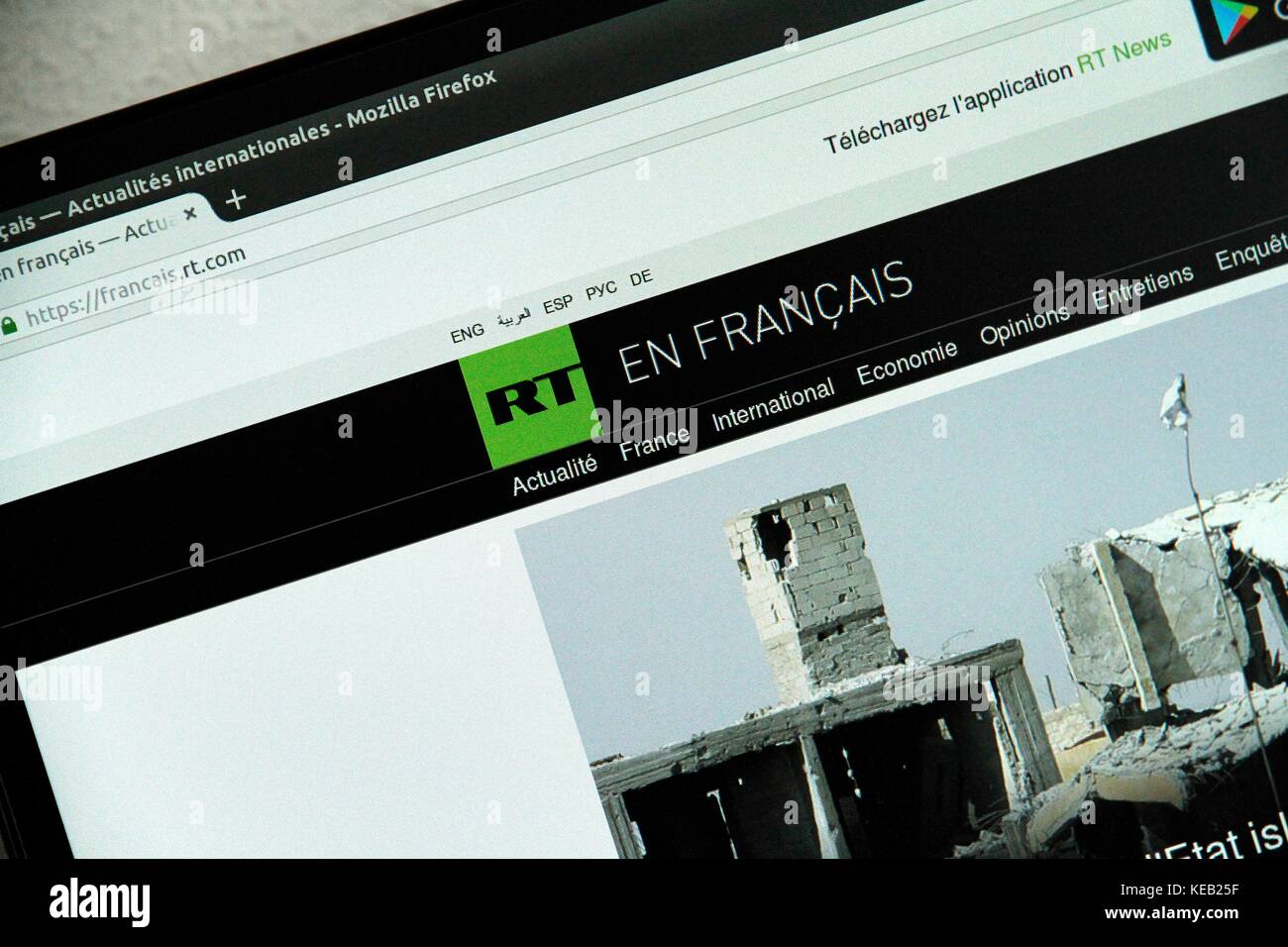 Media website Russland heute (rt). Russland heute Nachrichten Kanal in Frankreich angekommen. Der Start ist für Dezember vorgesehen. Stockfoto