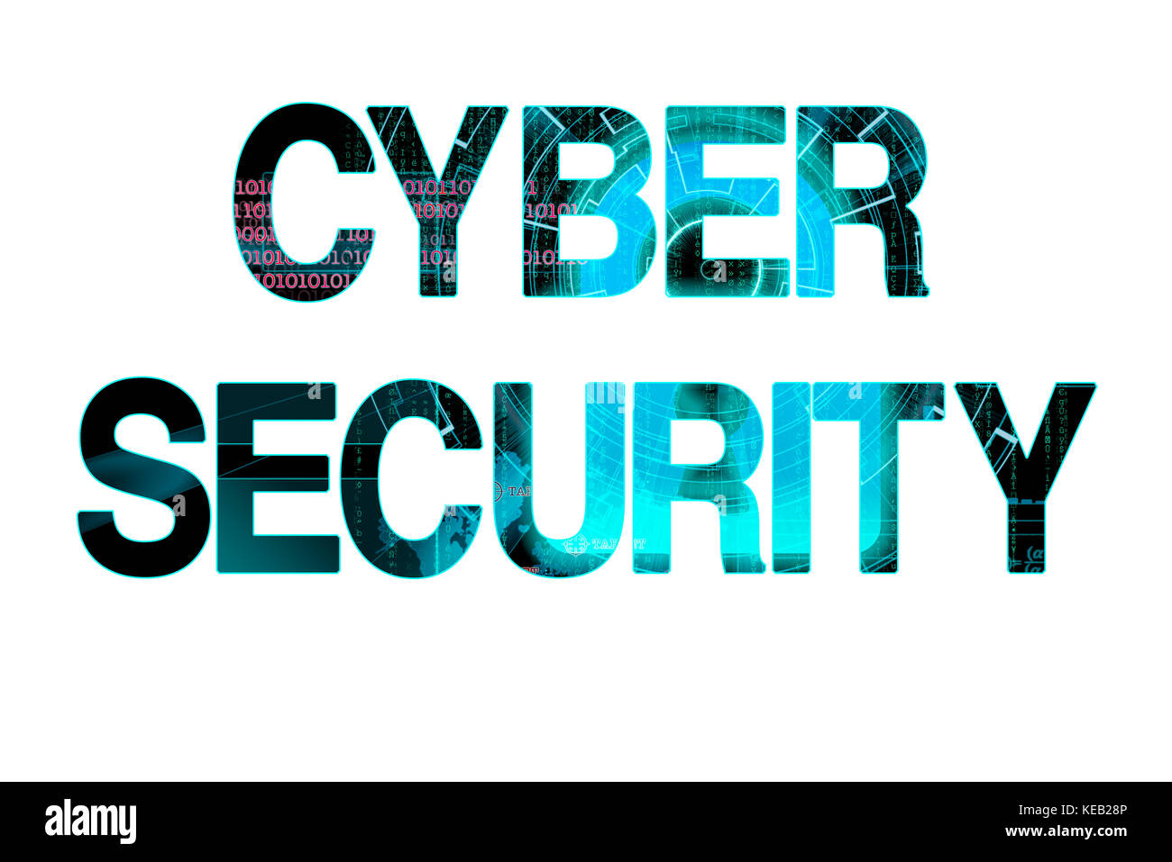 Cyber Security helle Laser Schrift auf weißem Hintergrund. Stockfoto