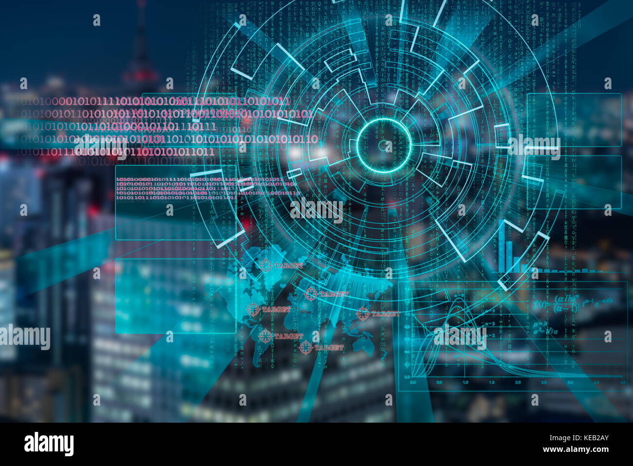 Cyber Laser Target auf einem dunklen Nacht Stadt verschwommenen Hintergrund Stockfoto