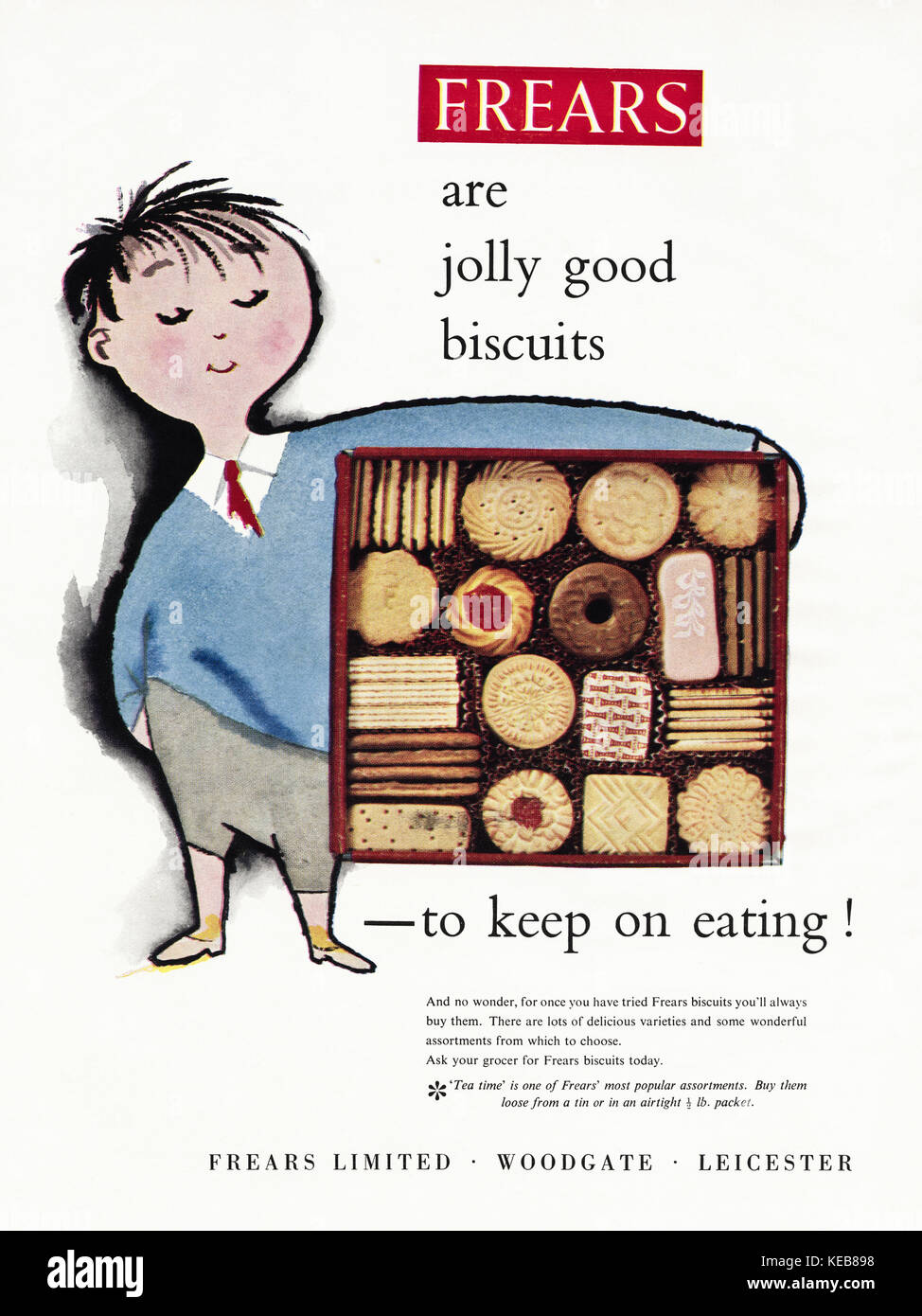 1950er-Werbeanzeige altes britisches Originalmagazin, Werbung für Frears Biscuits aus Woodgate Leicester, datiert von 1958 Stockfoto