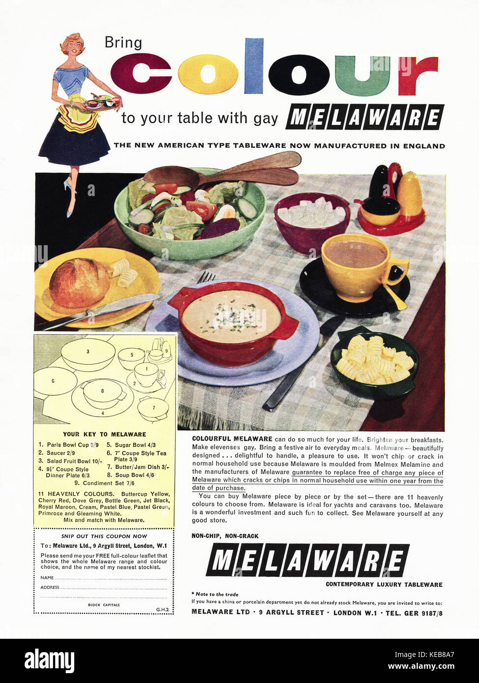 1950er-Werbeanzeige altes, altmodisches, britisches Originalmagazin, Werbung für Melaware-Geschirr für Schwule, datiert von 1958 Stockfoto