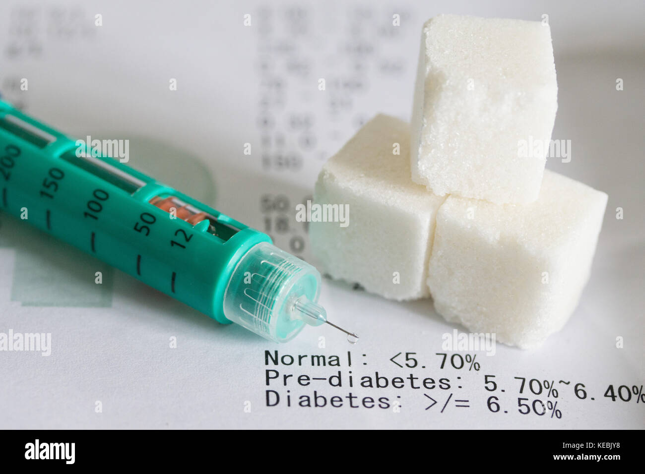 Insulinstift, Zuckerwürfel und daraus resultierender Testausdruck, der auf Diabetes-Probleme hinweist. Stockfoto