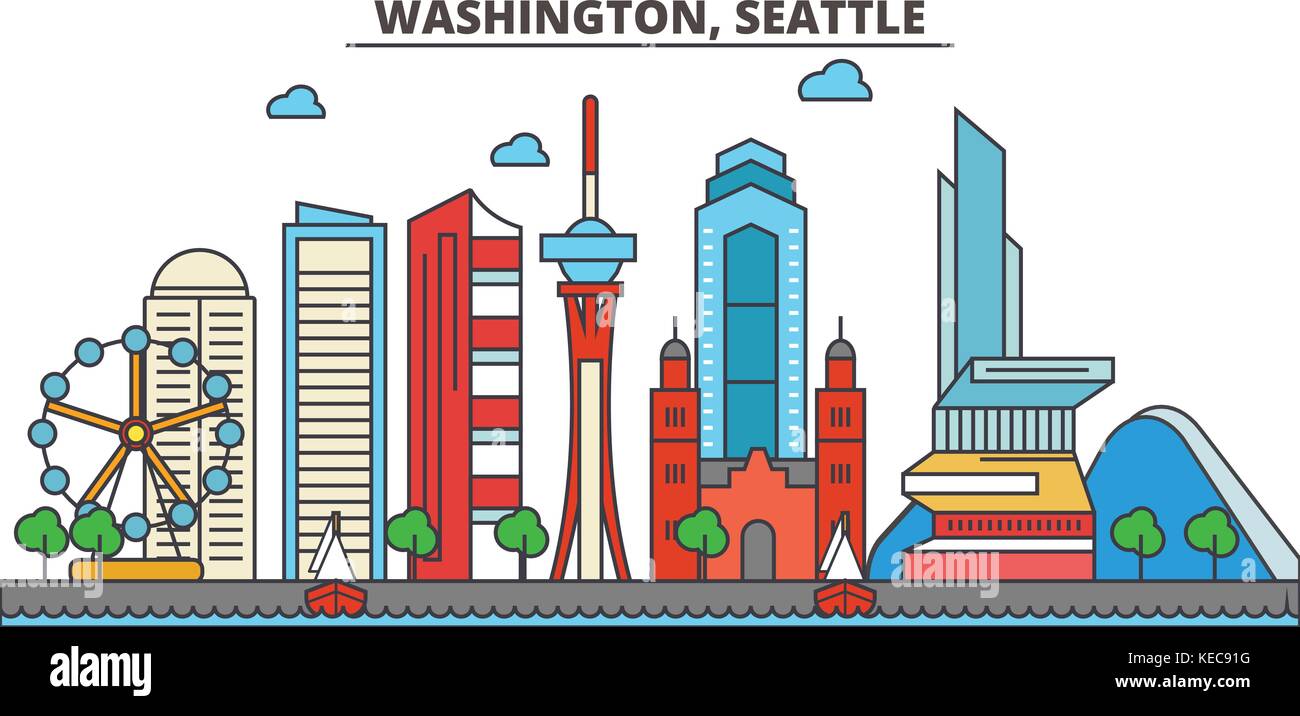 Washington, Seattle Skyline der Stadt Architektur, Gebäude, Straßen, Silhouette, Landschaft, Panorama, Sehenswürdigkeiten, Symbole. bearbeitbaren Anschläge. Flaches Design line Vector Illustration Konzept. Stock Vektor