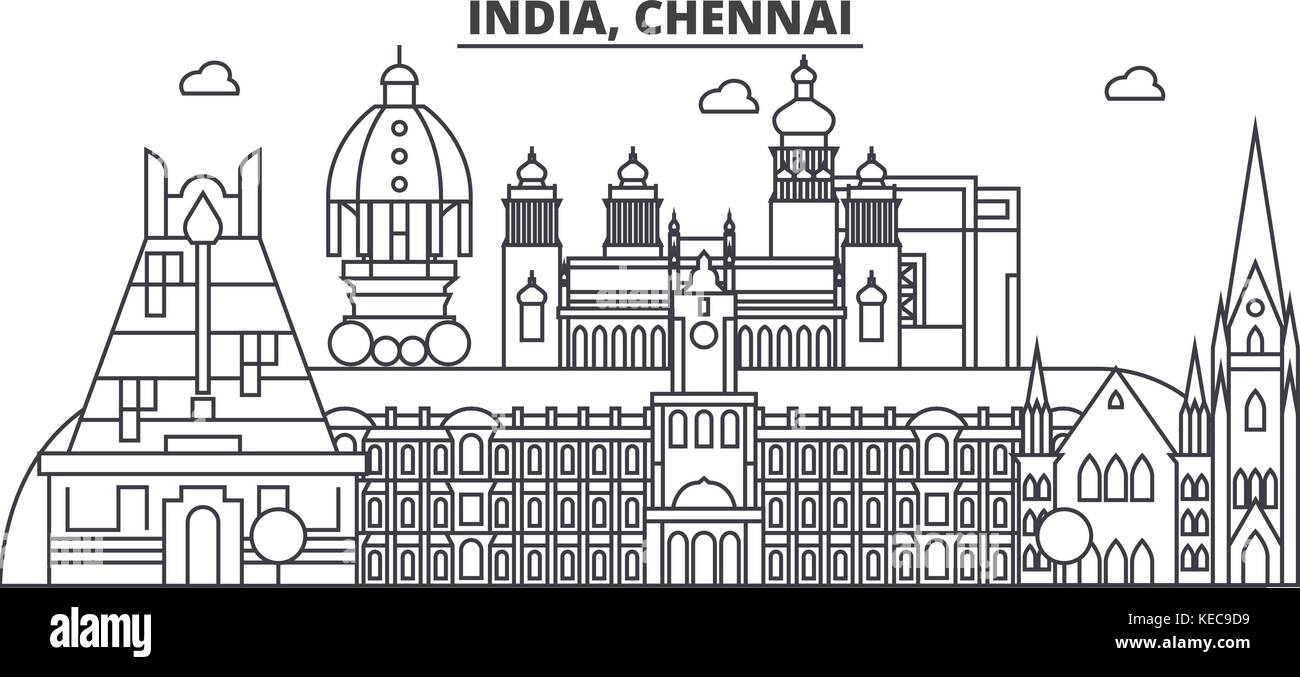 Chennai, Indien Architektur Linie skyline Abbildung. linear vector Stadtbild mit berühmten Wahrzeichen und Sehenswürdigkeiten der Stadt, Design Icons. Landschaft mit editierbaren Anschläge Stock Vektor