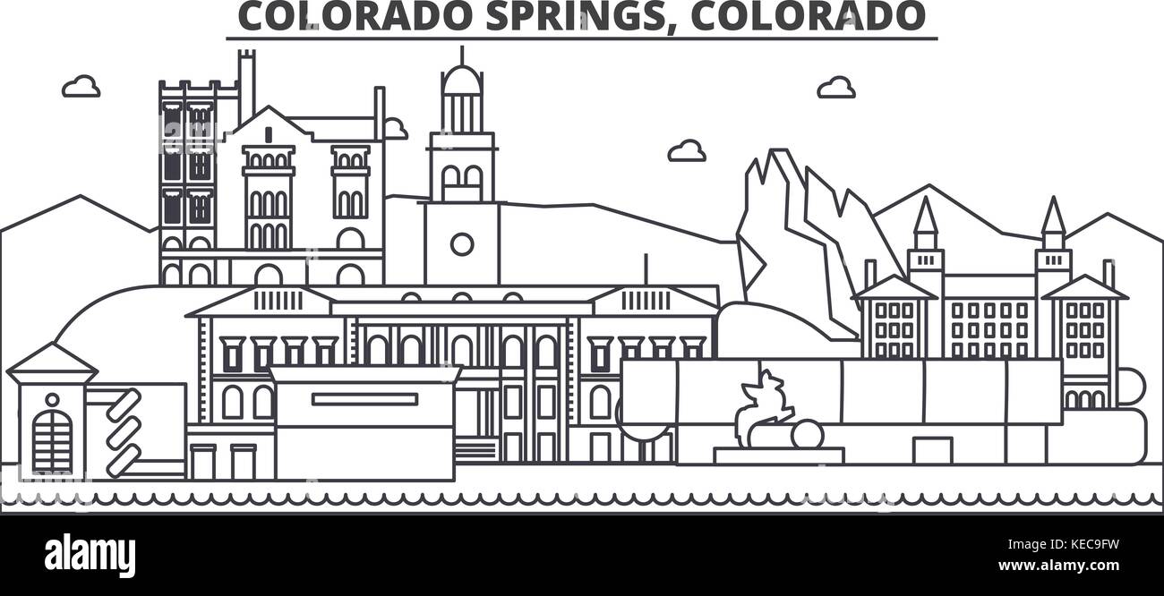 Colorado Springs Architektur Linie skyline Abbildung. linear vector Stadtbild mit berühmten Wahrzeichen und Sehenswürdigkeiten der Stadt, Design Icons. Landschaft mit editierbaren Anschläge Stock Vektor