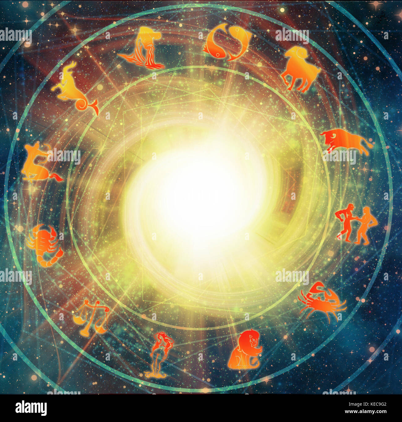Astrologie Tabelle mit allen Zeichen des Tierkreises Stockfoto