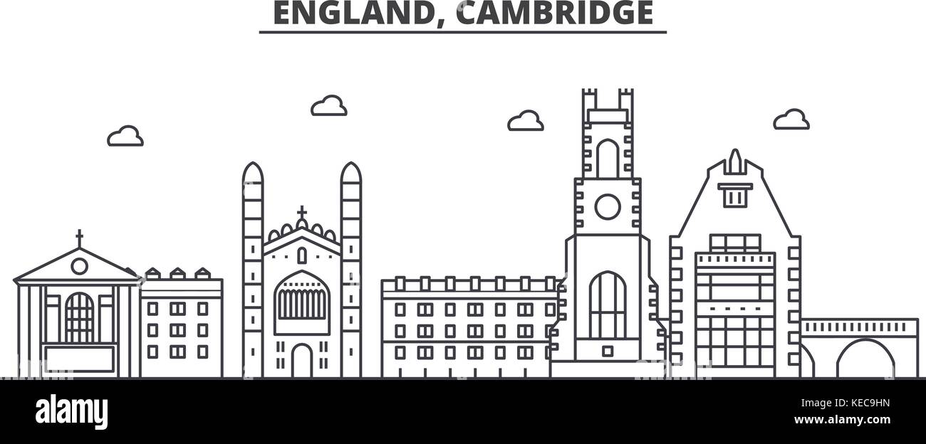 England, Cambridge Architektur Linie skyline Abbildung. linear vector Stadtbild mit berühmten Wahrzeichen und Sehenswürdigkeiten der Stadt, Design Icons. Landschaft mit editierbaren Anschläge Stock Vektor