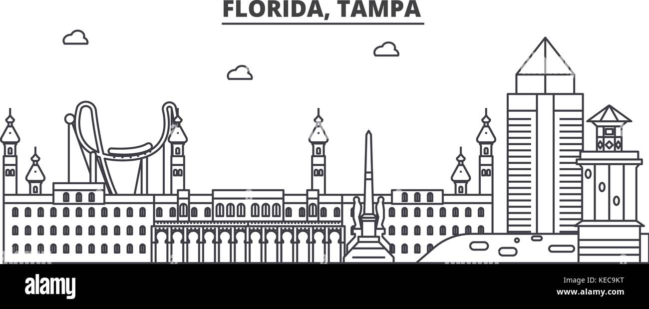 Florida, Tampa Architektur Linie skyline Abbildung. linear vector Stadtbild mit berühmten Wahrzeichen und Sehenswürdigkeiten der Stadt, Design Icons. Landschaft mit editierbaren Anschläge Stock Vektor