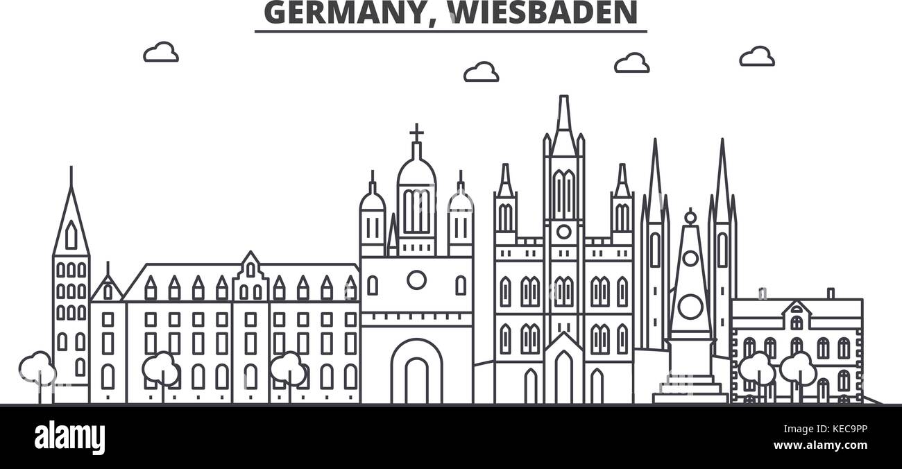 Deutschland, Wiesbaden Architektur Linie skyline Abbildung. linear vector Stadtbild mit berühmten Wahrzeichen und Sehenswürdigkeiten der Stadt, Design Icons. Landschaft mit editierbaren Anschläge Stock Vektor