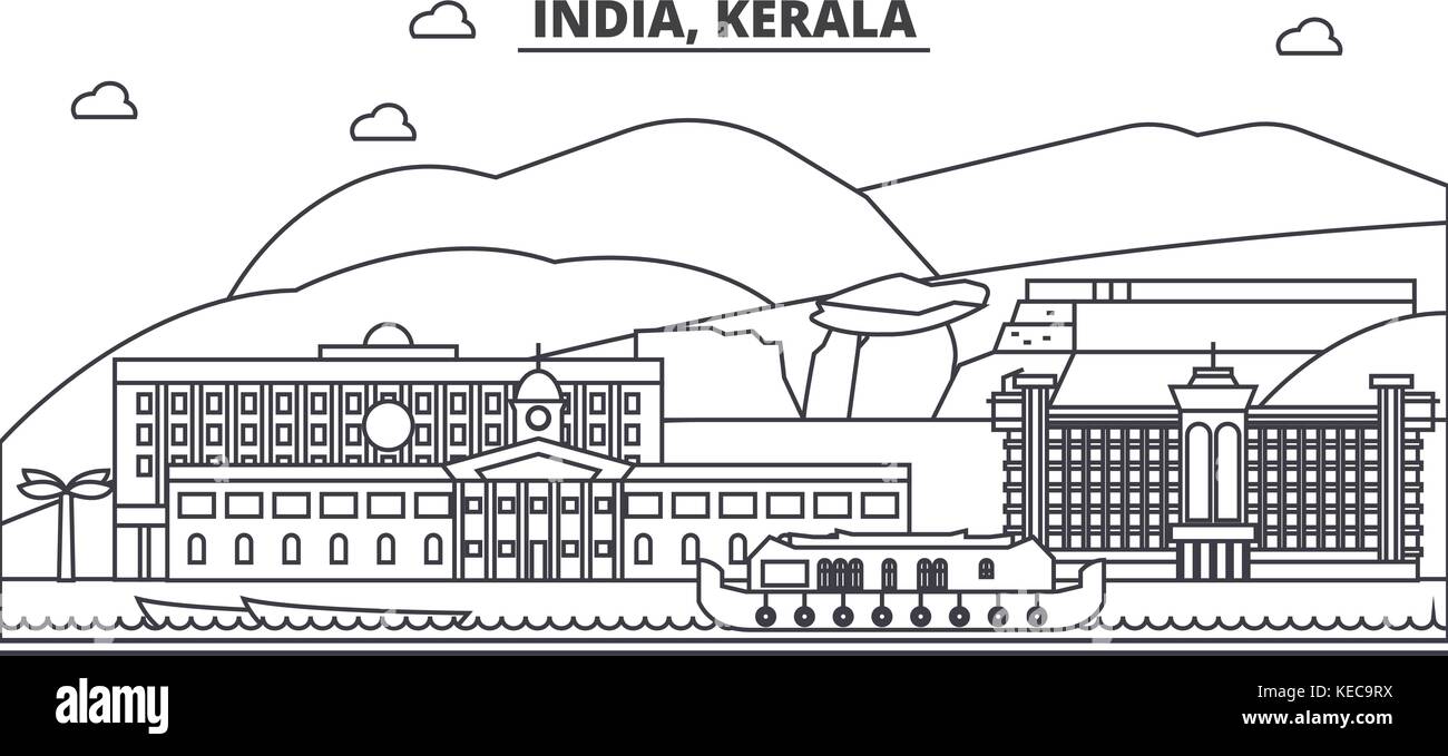 Indien, Kerala Architektur Linie skyline Abbildung. linear vector Stadtbild mit berühmten Wahrzeichen und Sehenswürdigkeiten der Stadt, Design Icons. Landschaft mit editierbaren Anschläge Stock Vektor