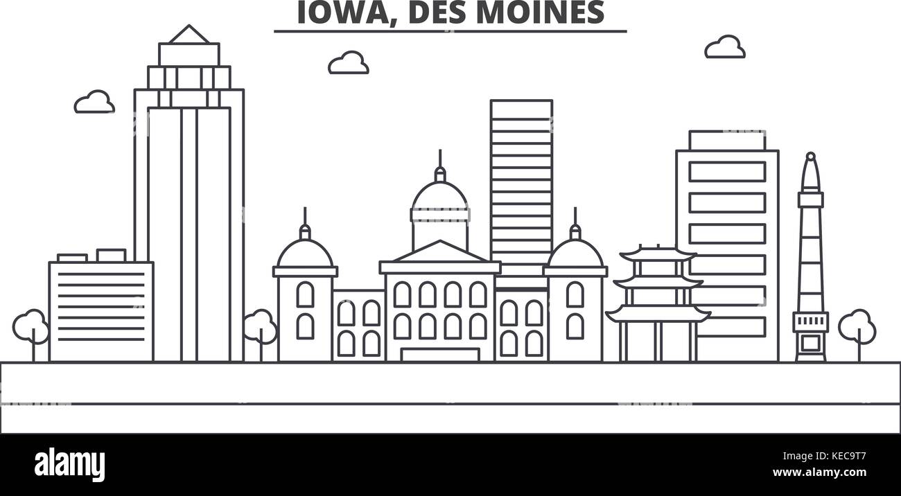 Iowa, Des Moines Architektur Linie skyline Abbildung. linear vector Stadtbild mit berühmten Wahrzeichen und Sehenswürdigkeiten der Stadt, Design Icons. Landschaft mit editierbaren Anschläge Stock Vektor