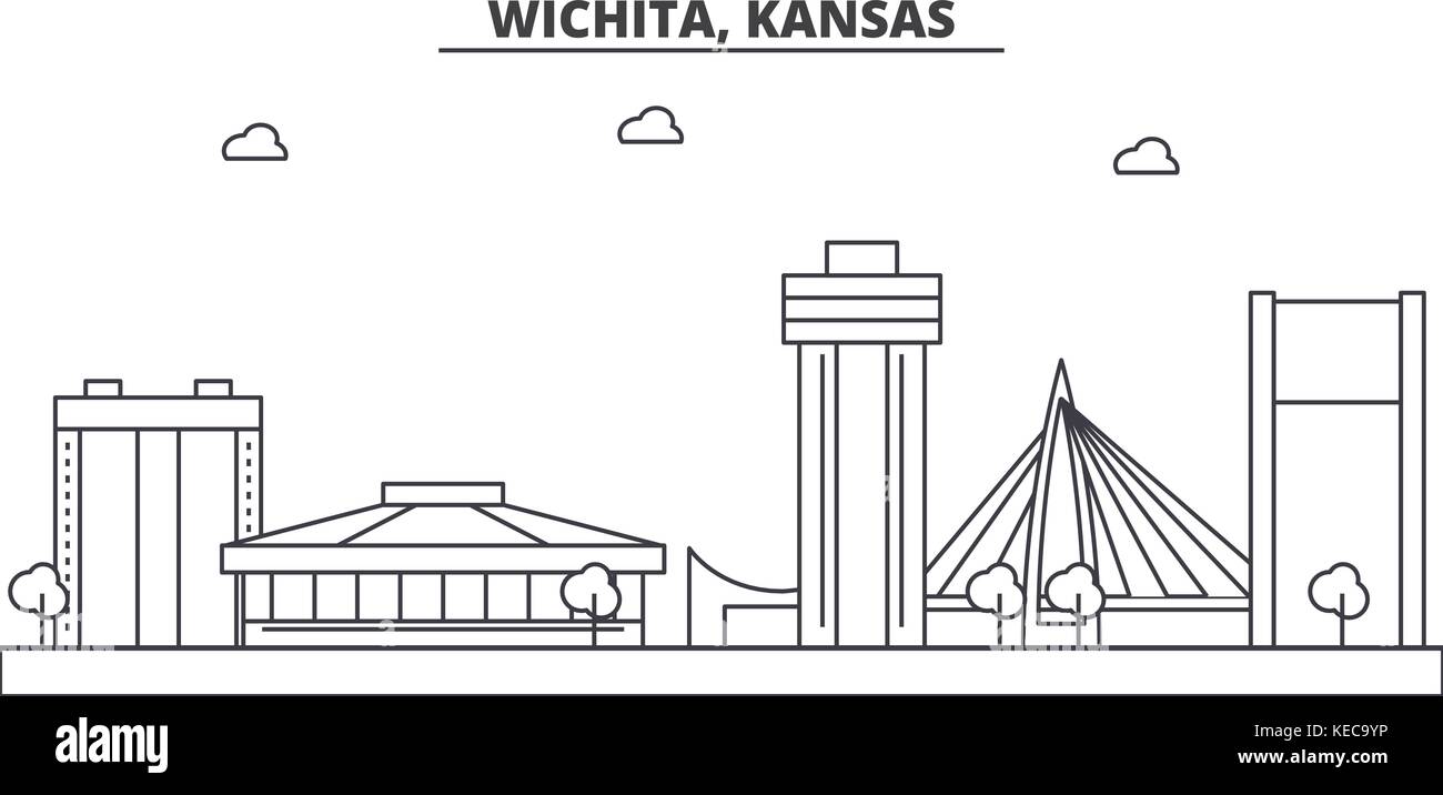 Kansas Wichita Architektur Linie skyline Abbildung. linear vector Stadtbild mit berühmten Wahrzeichen und Sehenswürdigkeiten der Stadt, Design Icons. Landschaft mit editierbaren Anschläge Stock Vektor