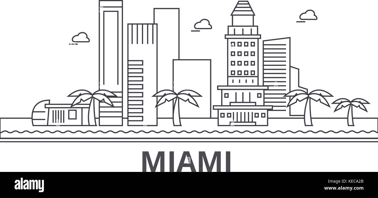 Miami Architektur Linie skyline Abbildung. linear vector Stadtbild mit berühmten Wahrzeichen und Sehenswürdigkeiten der Stadt, Design Icons. Landschaft mit editierbaren Anschläge Stock Vektor