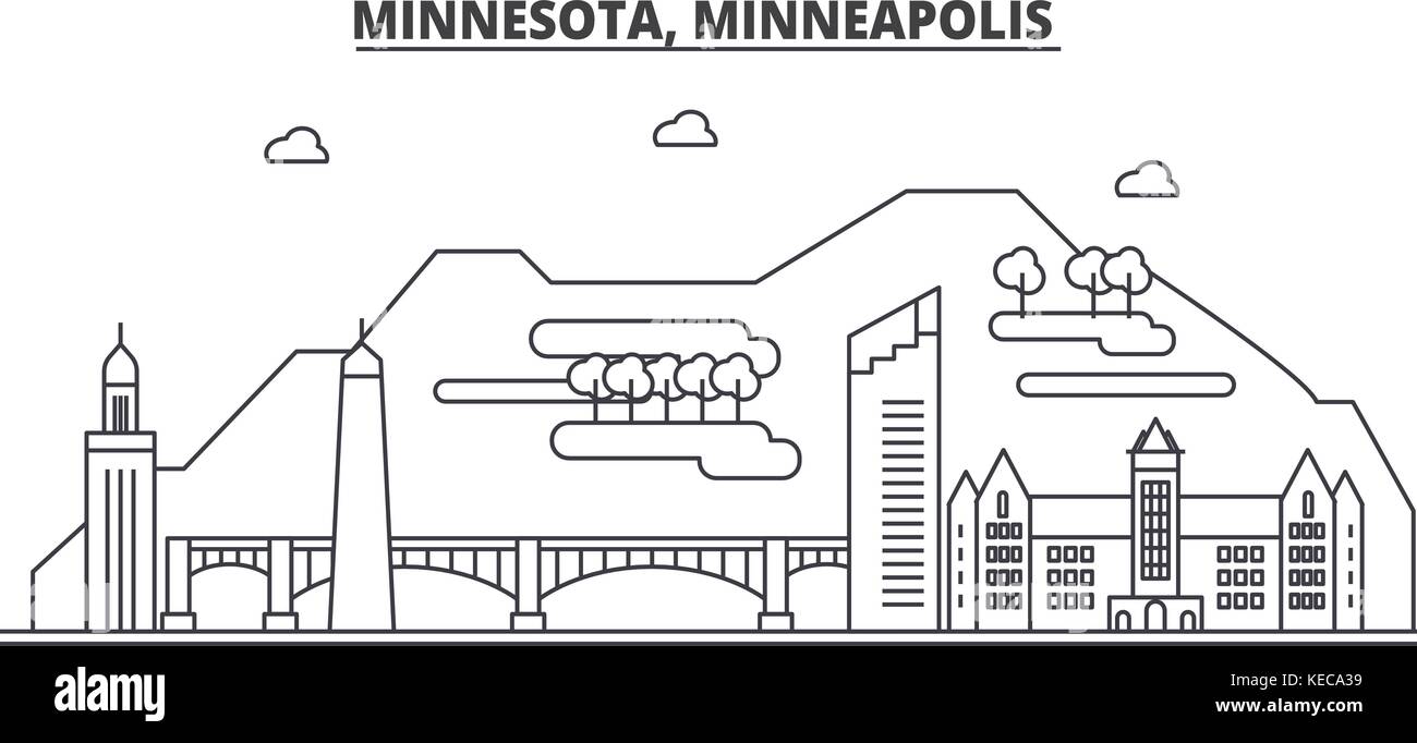 Minnesota, Minneapolis Architektur Linie skyline Abbildung. linear vector Stadtbild mit berühmten Wahrzeichen und Sehenswürdigkeiten der Stadt, Design Icons. Landschaft mit editierbaren Anschläge Stock Vektor