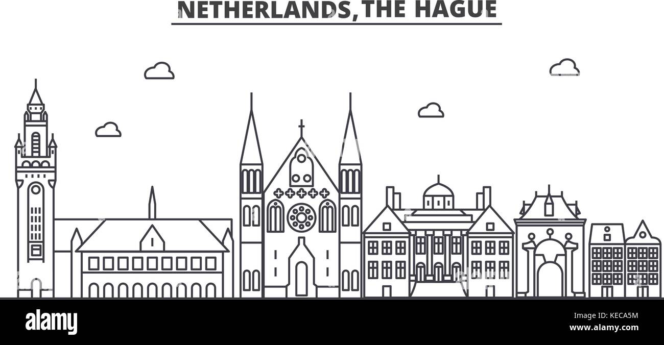 Niederlande, Den Haag Architektur Linie skyline Abbildung. linear vector Stadtbild mit berühmten Wahrzeichen und Sehenswürdigkeiten der Stadt, Design Icons. Landschaft mit editierbaren Anschläge Stock Vektor