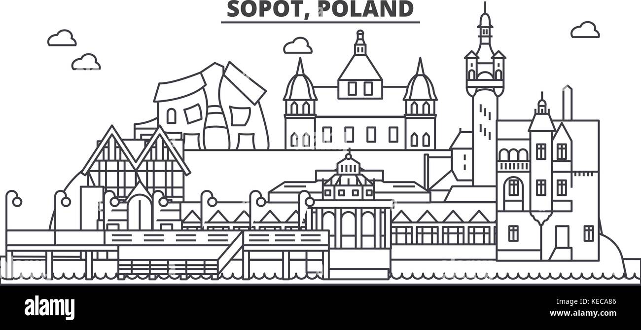 Polen, sopot Architektur Linie skyline Abbildung. linear vector Stadtbild mit berühmten Wahrzeichen und Sehenswürdigkeiten der Stadt, Design Icons. Landschaft mit editierbaren Anschläge Stock Vektor