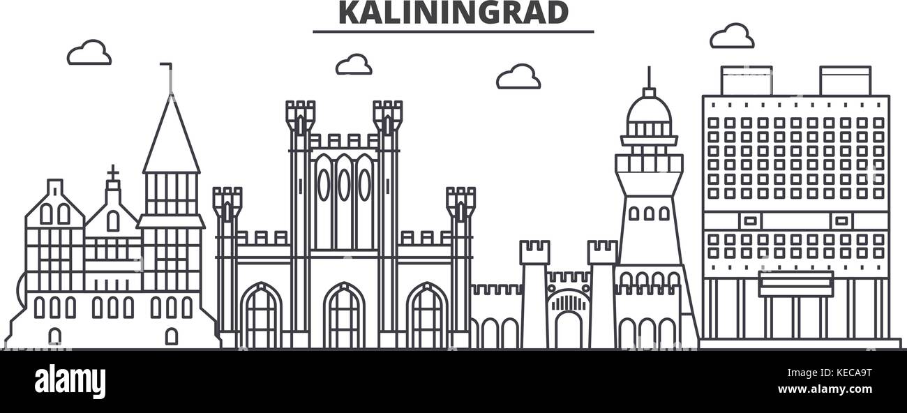 Russland, Kaliningrad Architektur Linie skyline Abbildung. linear vector Stadtbild mit berühmten Wahrzeichen und Sehenswürdigkeiten der Stadt, Design Icons. Landschaft mit editierbaren Anschläge Stock Vektor