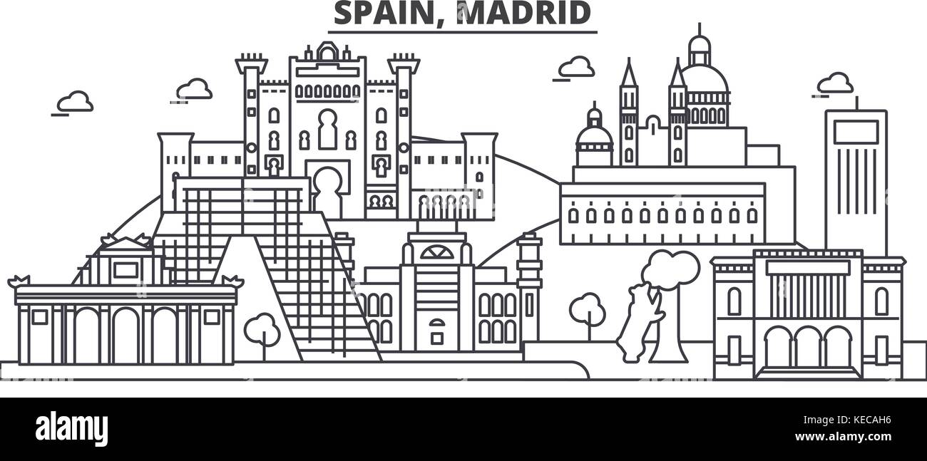 Spanien, Madrid Architektur Linie skyline Abbildung. linear vector Stadtbild mit berühmten Wahrzeichen und Sehenswürdigkeiten der Stadt, Design Icons. Landschaft mit editierbaren Anschläge Stock Vektor