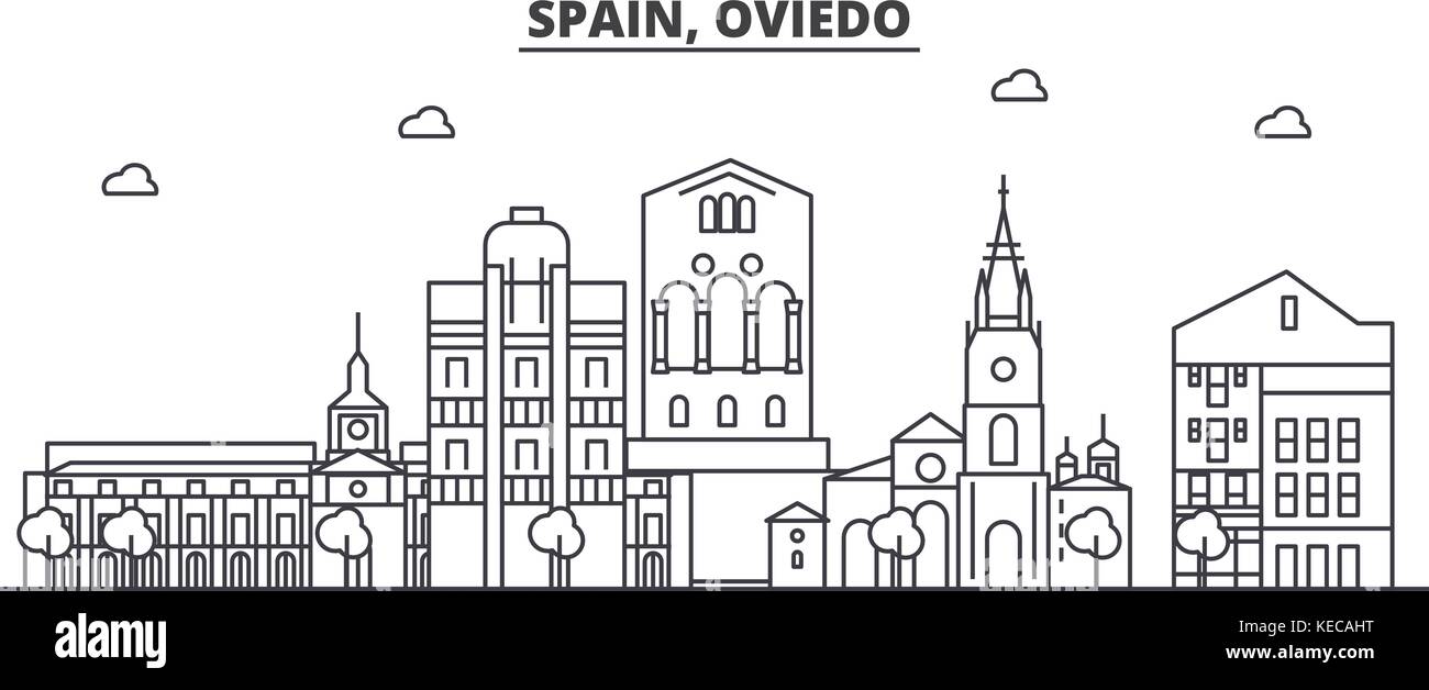 Spanien, Oviedo Architektur Linie skyline Abbildung. linear vector Stadtbild mit berühmten Wahrzeichen und Sehenswürdigkeiten der Stadt, Design Icons. Landschaft mit editierbaren Anschläge Stock Vektor