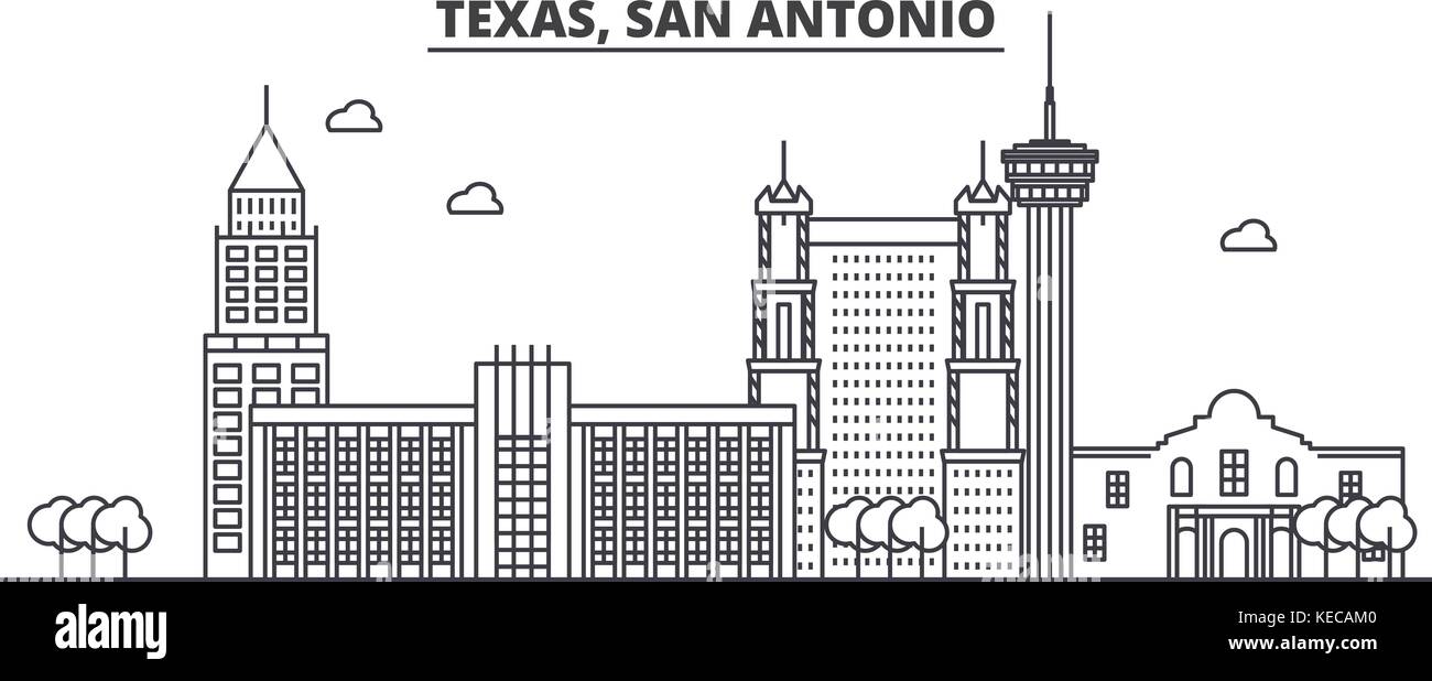 Texas San Antonio Architektur Linie skyline Abbildung. linear vector Stadtbild mit berühmten Wahrzeichen und Sehenswürdigkeiten der Stadt, Design Icons. Landschaft mit editierbaren Anschläge Stock Vektor