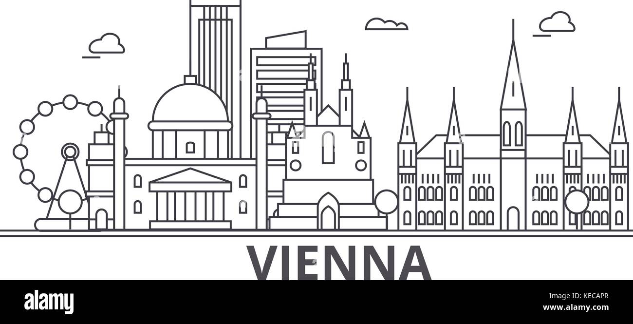 Wiener Architektur Linie skyline Abbildung. linear vector Stadtbild mit berühmten Wahrzeichen und Sehenswürdigkeiten der Stadt, Design Icons. Landschaft mit editierbaren Anschläge Stock Vektor