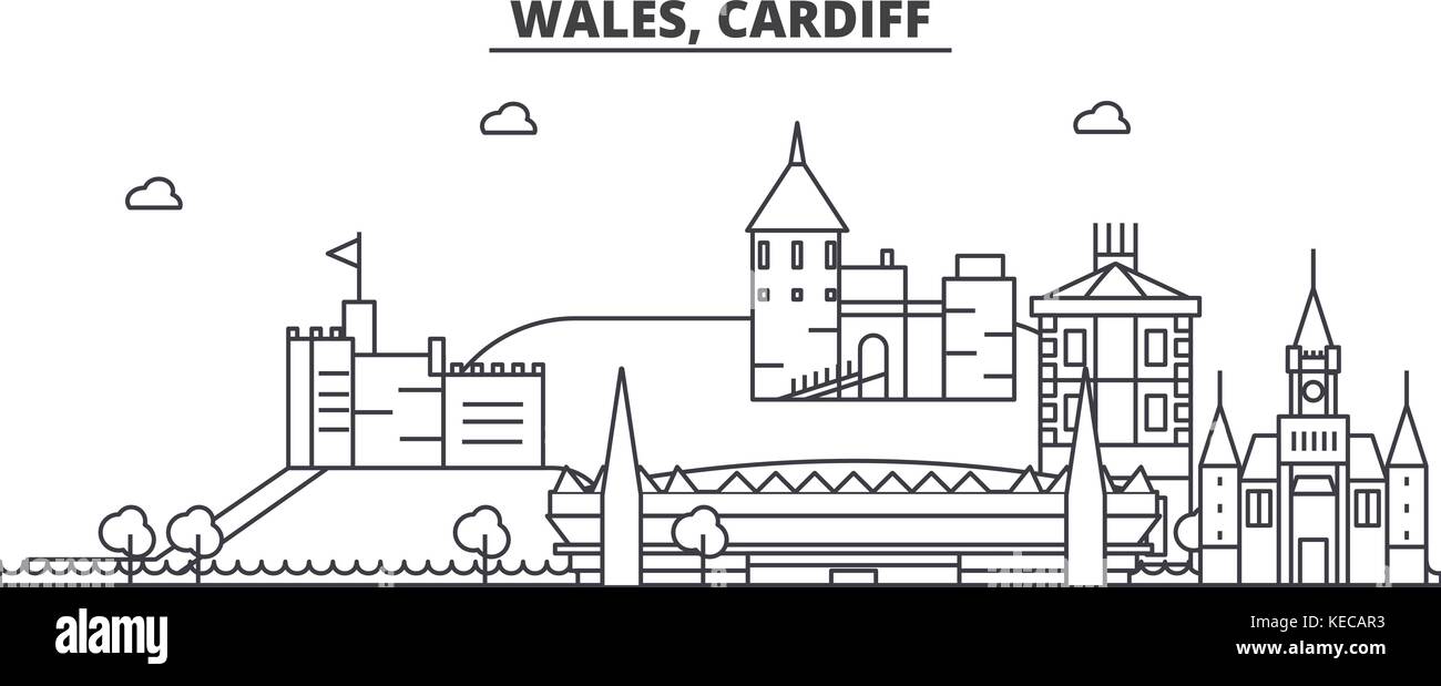 Wales, Cardiff Architektur Linie skyline Abbildung. linear vector Stadtbild mit berühmten Wahrzeichen und Sehenswürdigkeiten der Stadt, Design Icons. Landschaft mit editierbaren Anschläge Stock Vektor